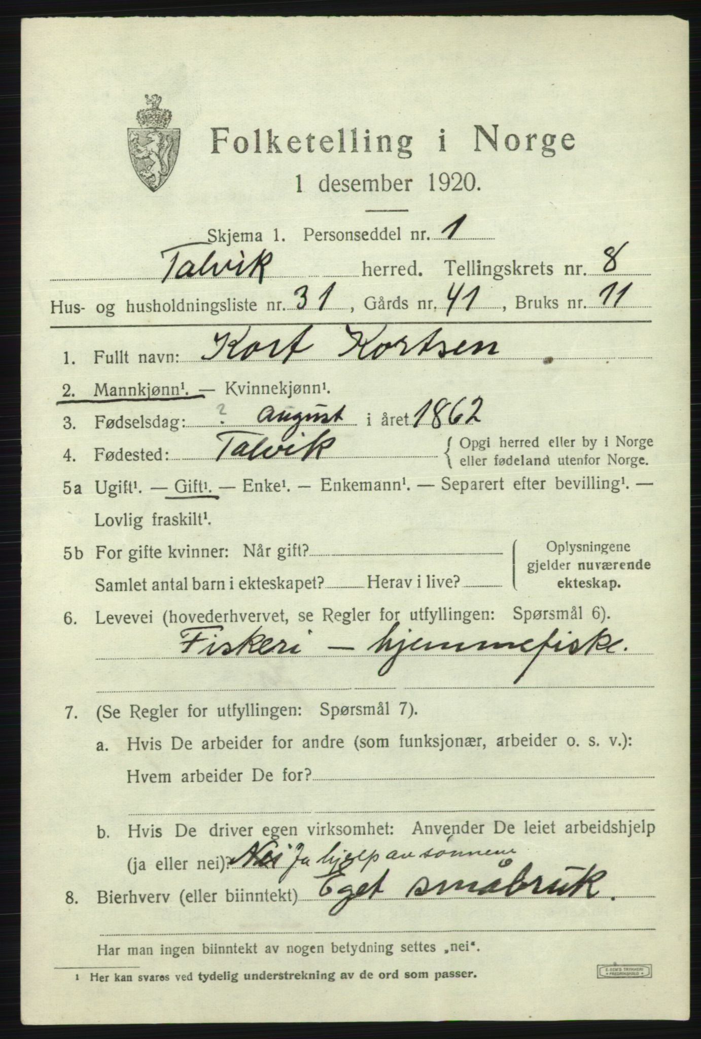 SATØ, 1920 census for Talvik, 1920, p. 5310