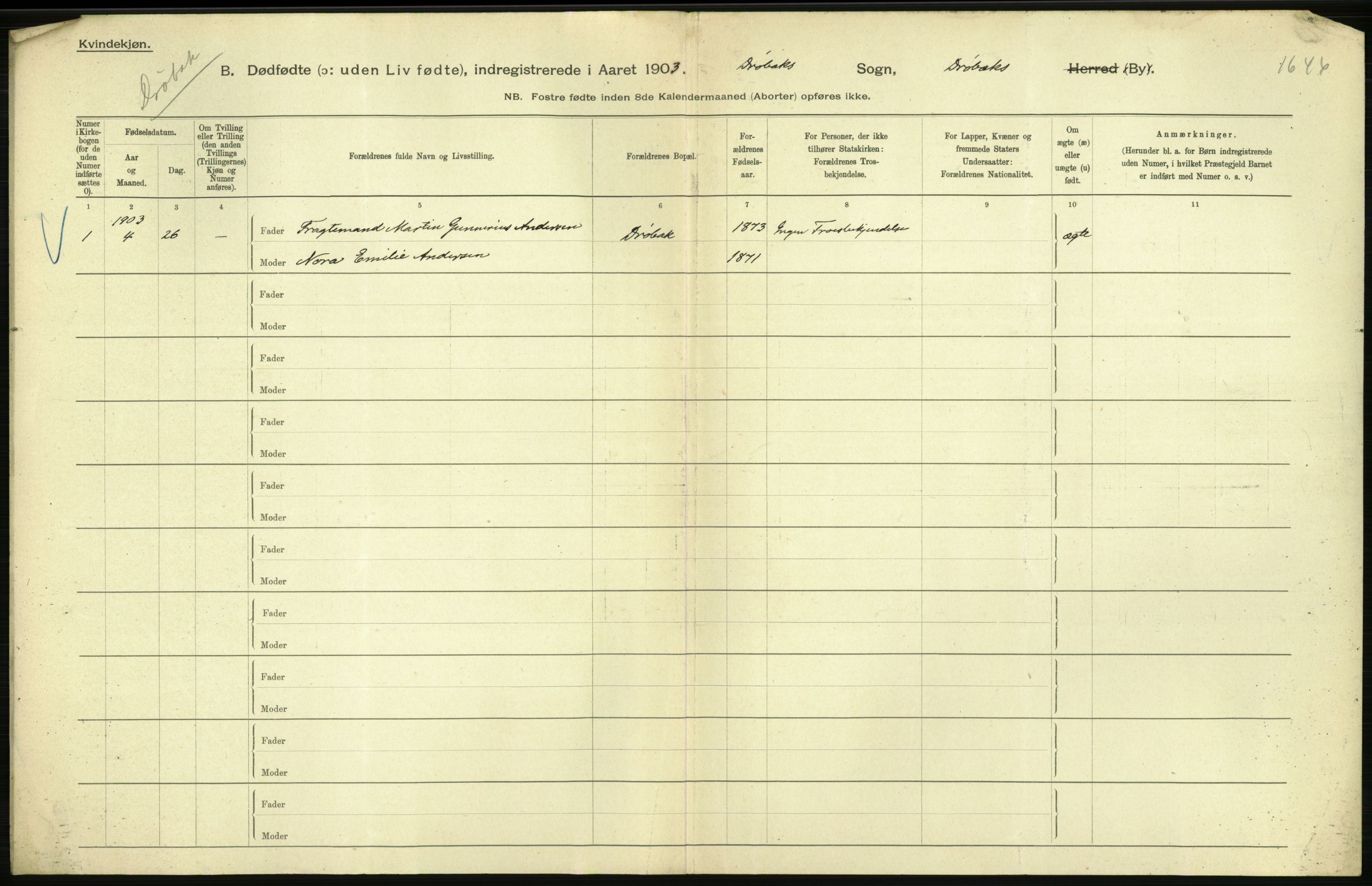 Statistisk sentralbyrå, Sosiodemografiske emner, Befolkning, RA/S-2228/D/Df/Dfa/Dfaa/L0026: Smålenenes - Finnmarkens amt: Dødfødte. Byer., 1903, p. 218