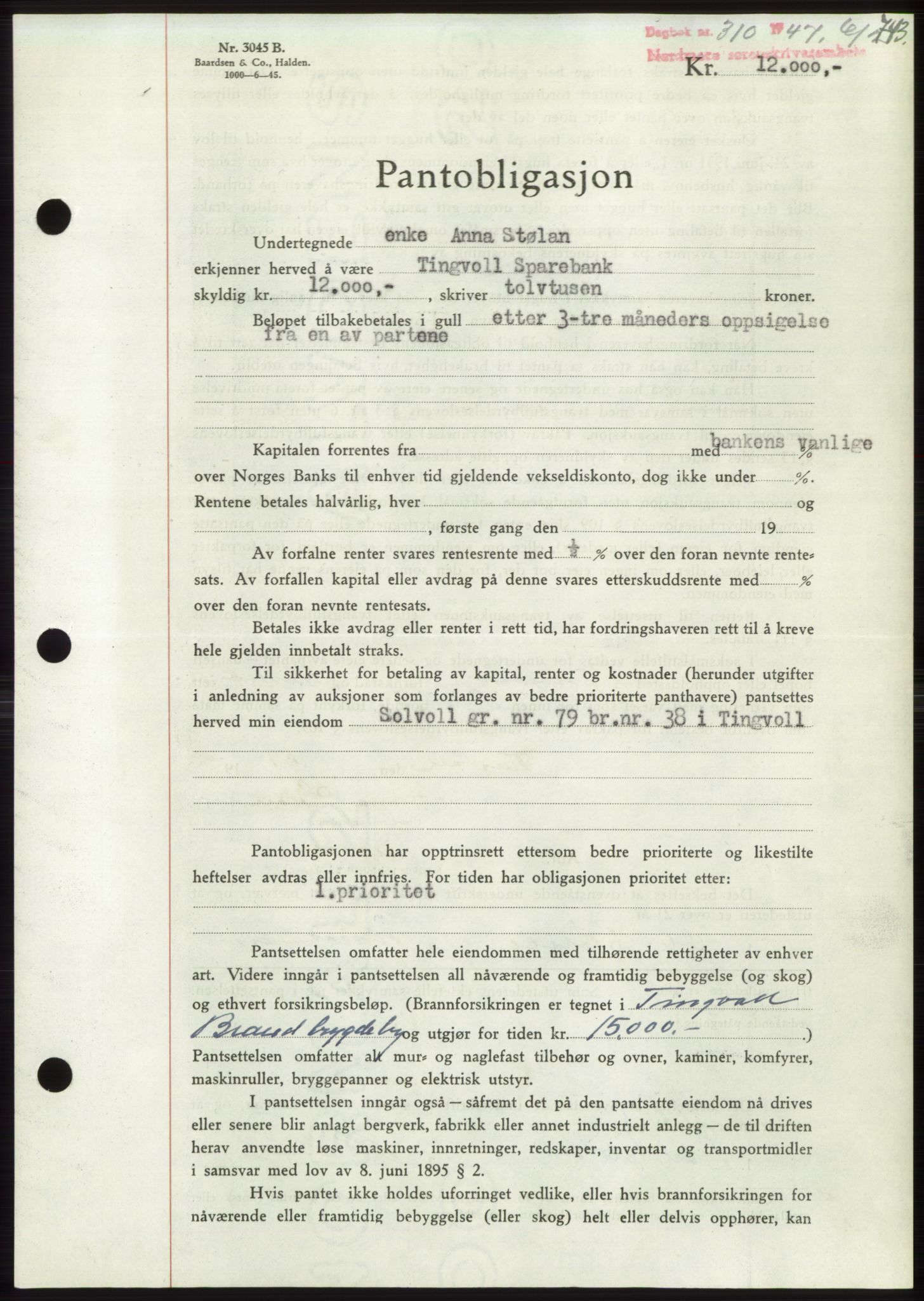 Nordmøre sorenskriveri, AV/SAT-A-4132/1/2/2Ca: Mortgage book no. B95, 1946-1947, Diary no: : 310/1947