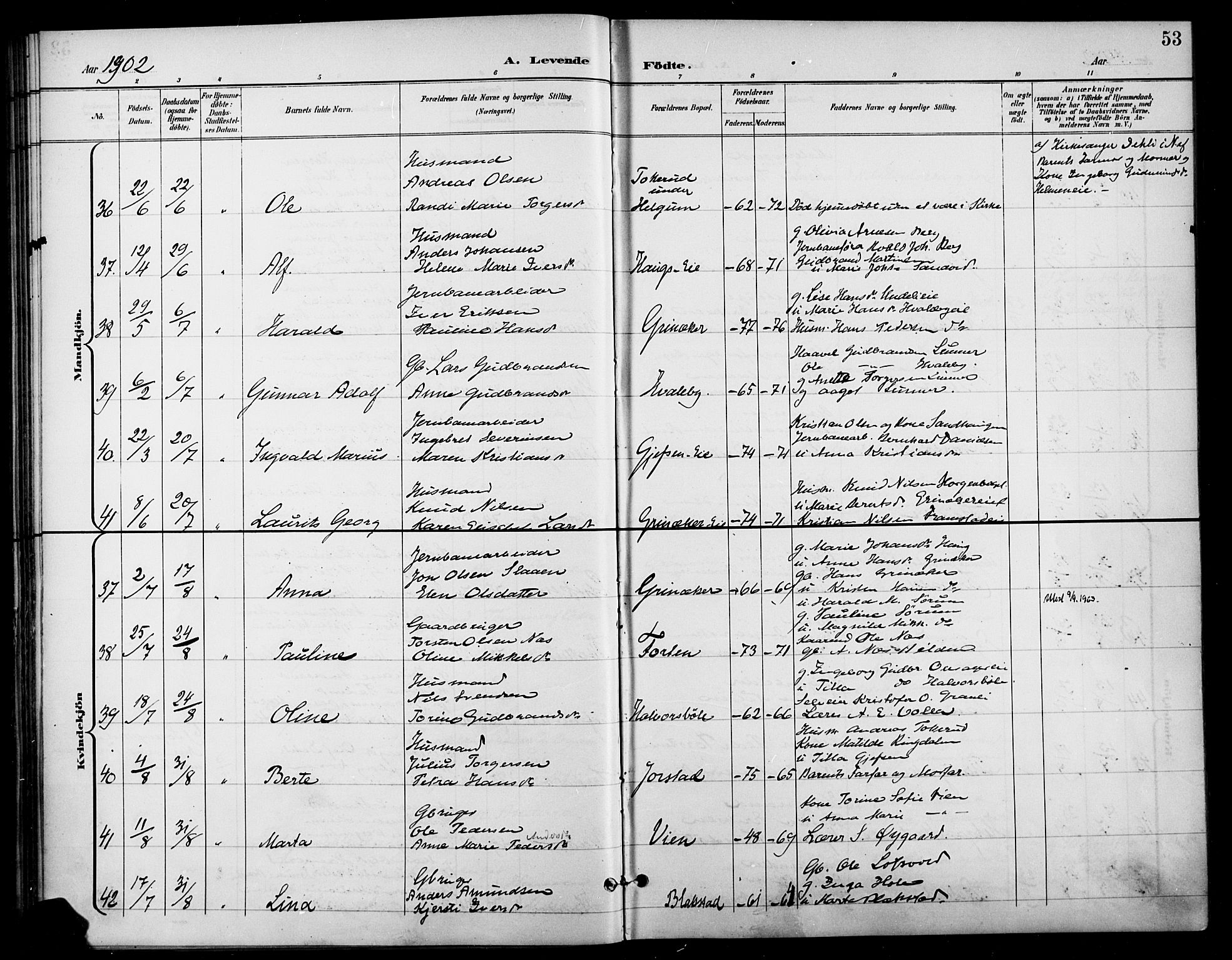 Gran prestekontor, SAH/PREST-112/H/Ha/Haa/L0019: Parish register (official) no. 19, 1898-1907, p. 53