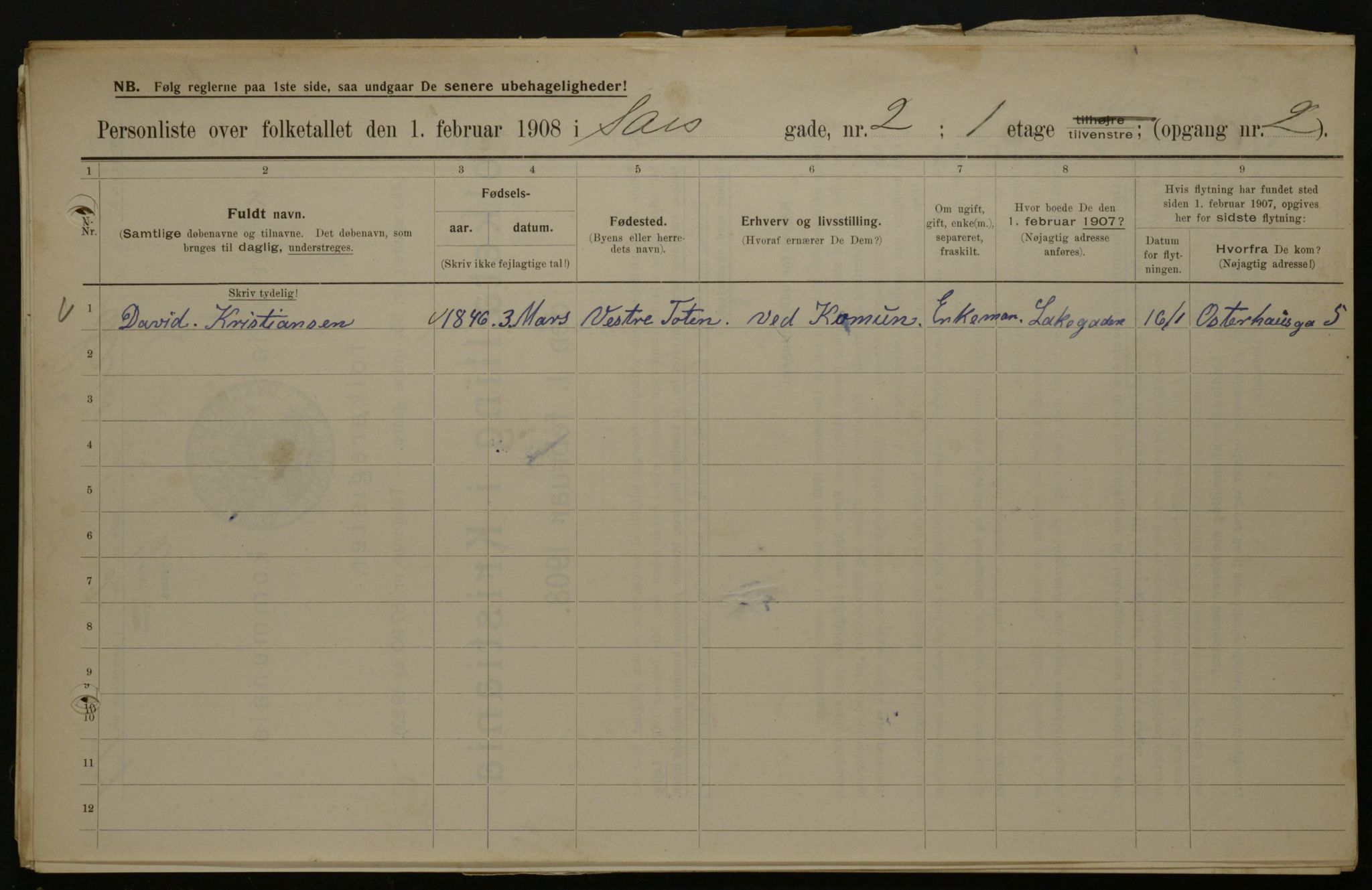 OBA, Municipal Census 1908 for Kristiania, 1908, p. 80416