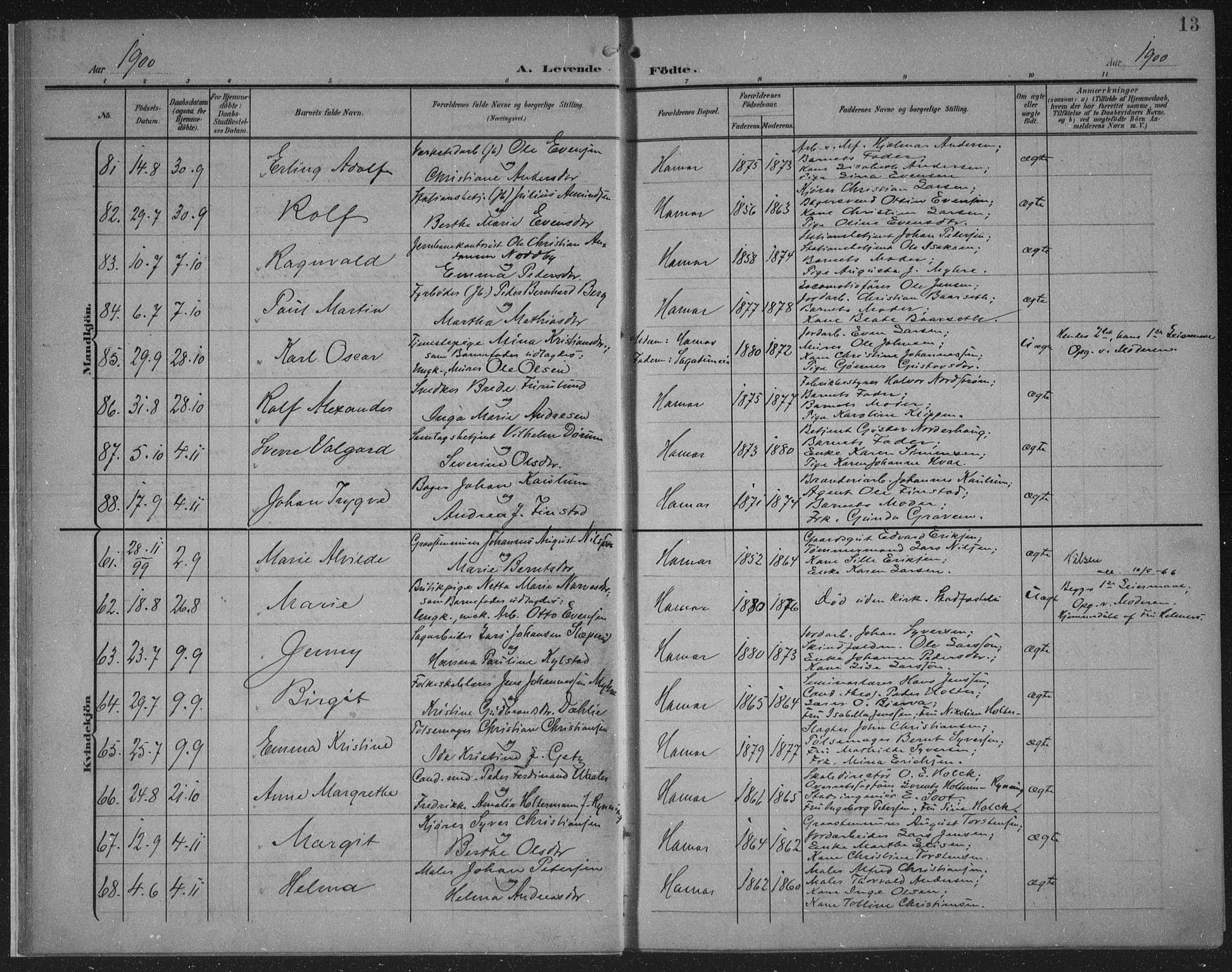 Hamar prestekontor, AV/SAH-DOMPH-002/H/Ha/Haa/L0001: Parish register (official) no. 1, 1900-1914, p. 13