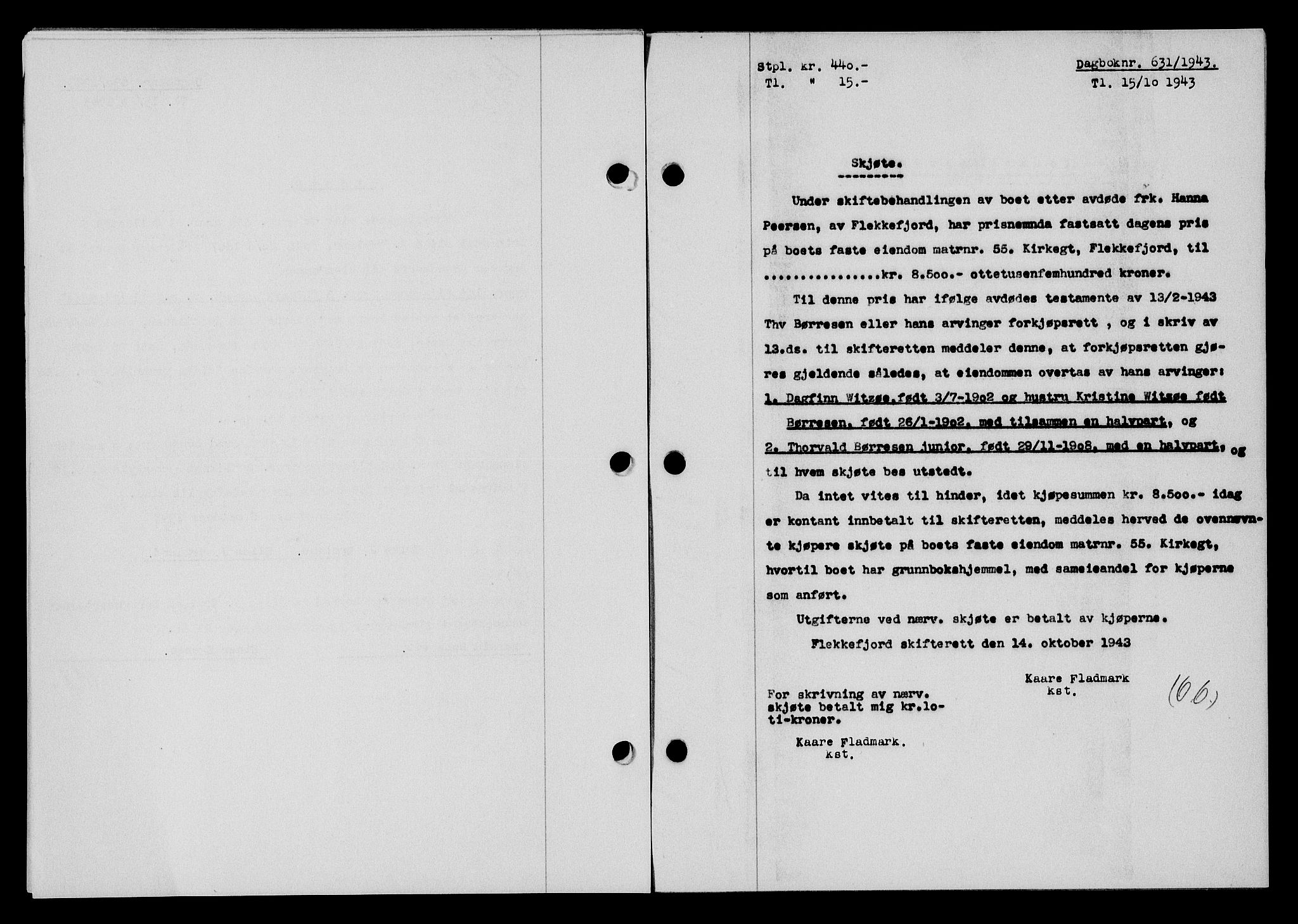 Flekkefjord sorenskriveri, SAK/1221-0001/G/Gb/Gba/L0058: Mortgage book no. A-6, 1942-1944, Diary no: : 631/1943