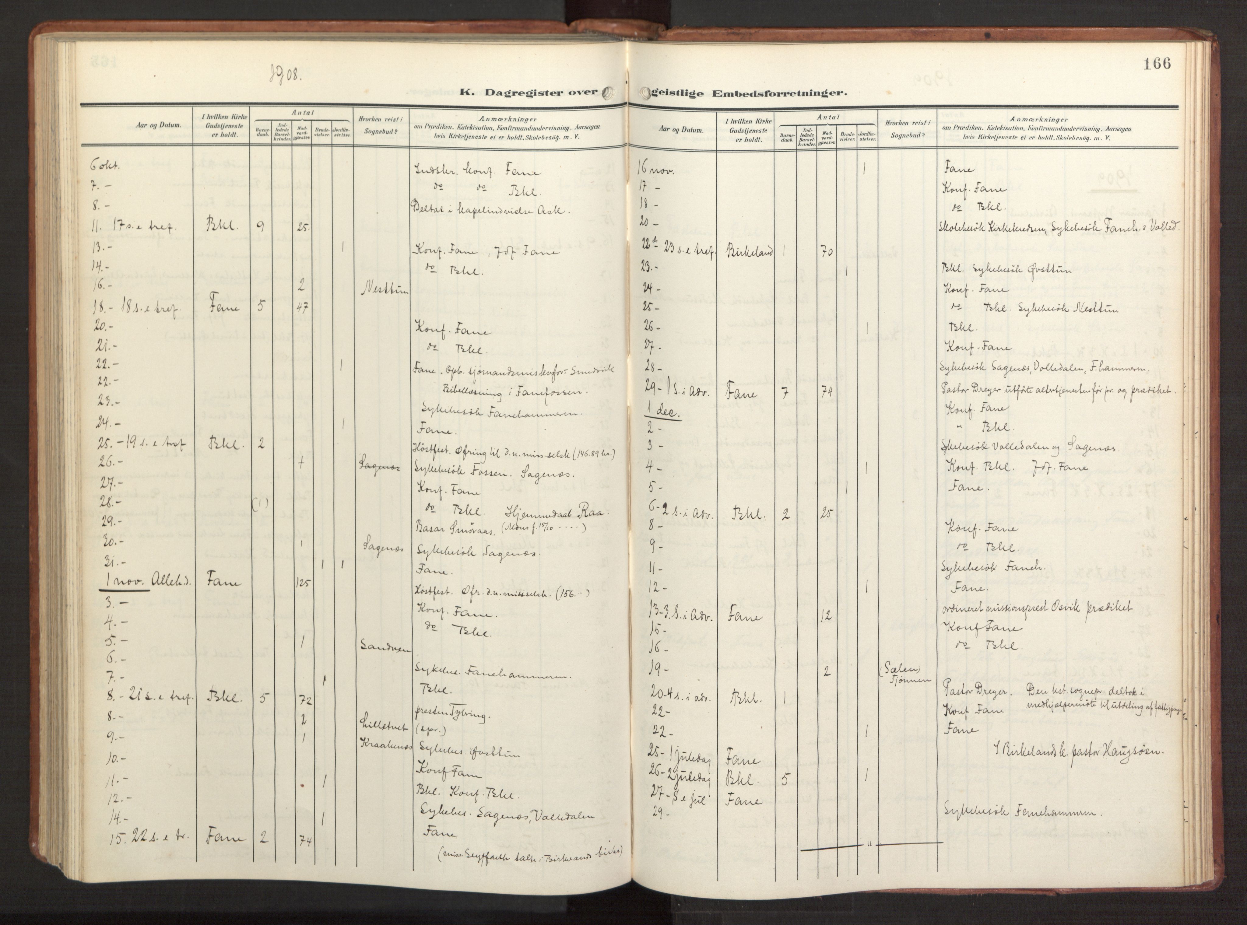 Fana Sokneprestembete, AV/SAB-A-75101/H/Haa/Haab/L0004: Parish register (official) no. B 4, 1908-1915, p. 166