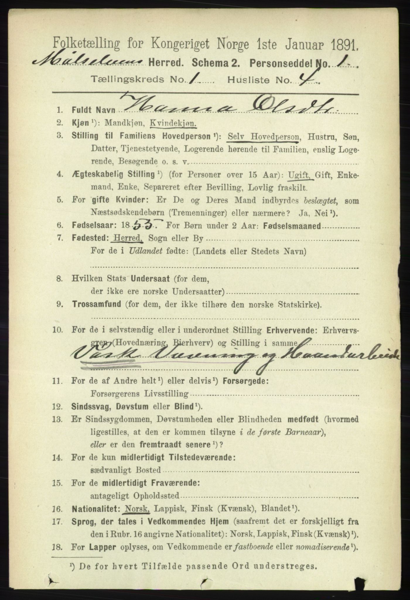 RA, 1891 census for 1924 Målselv, 1891, p. 88