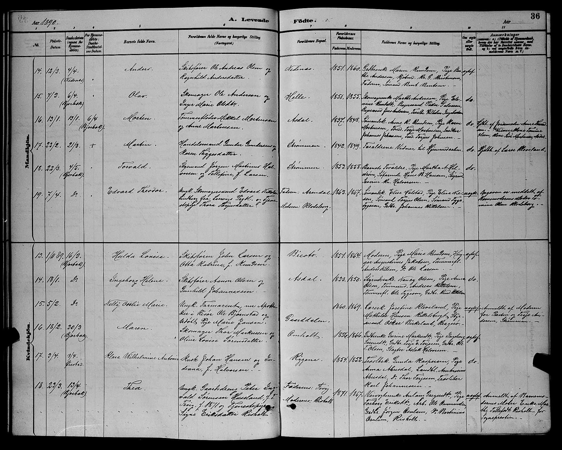 Øyestad sokneprestkontor, AV/SAK-1111-0049/F/Fb/L0009: Parish register (copy) no. B 9, 1886-1896, p. 36