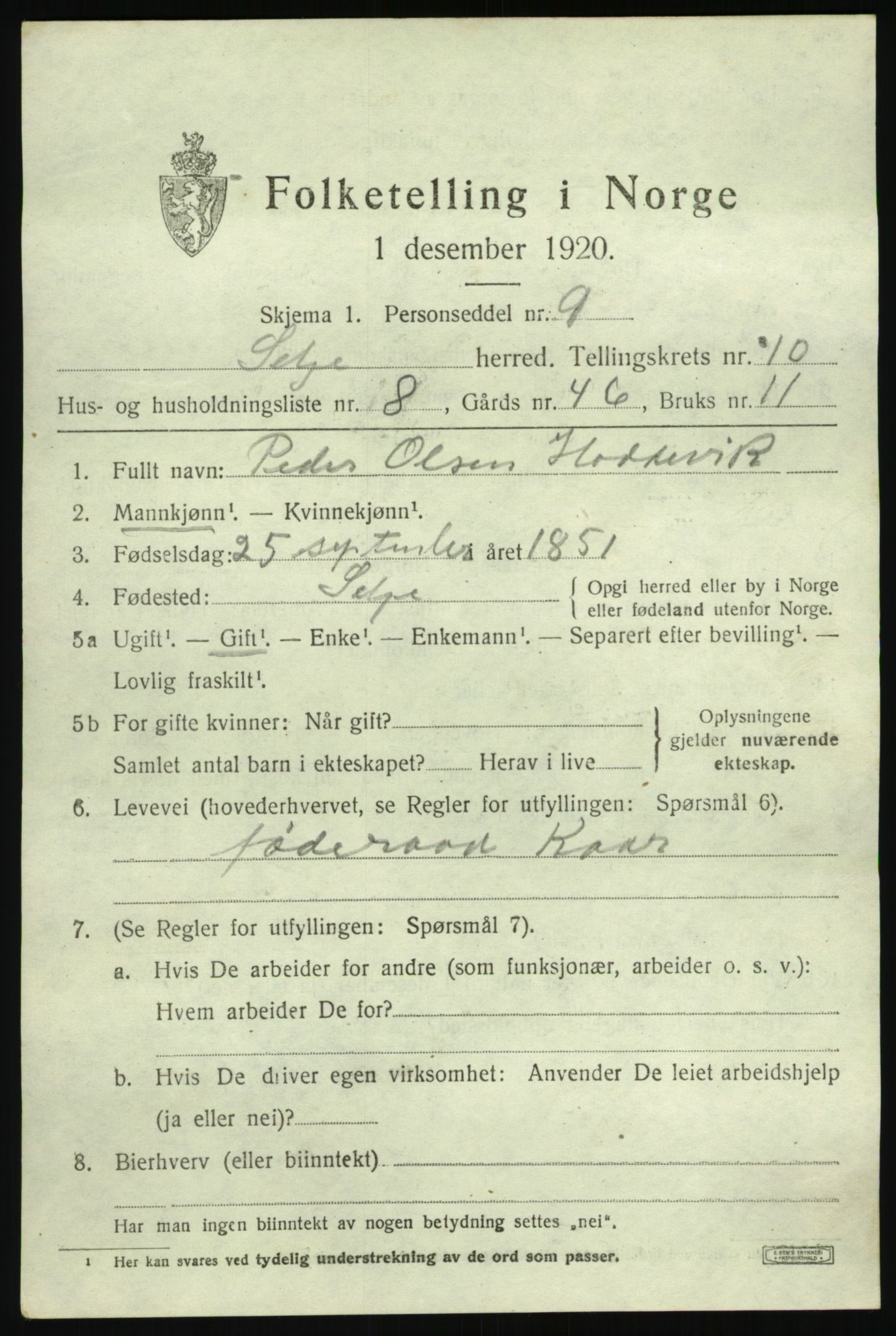 SAB, 1920 census for Selje, 1920, p. 4691