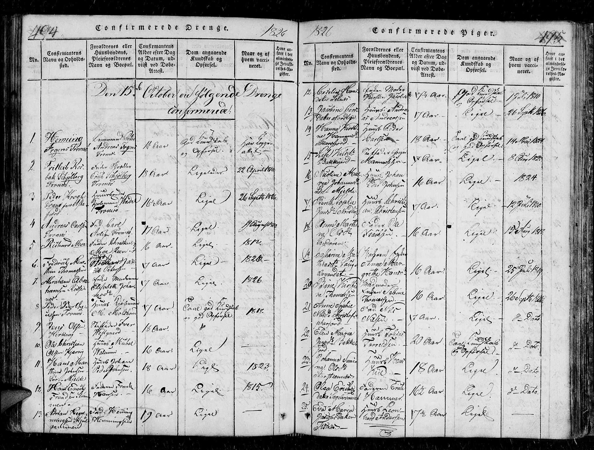 Tromsø sokneprestkontor/stiftsprosti/domprosti, SATØ/S-1343/G/Gb/L0001klokker: Parish register (copy) no. 1, 1821-1833, p. 494-495