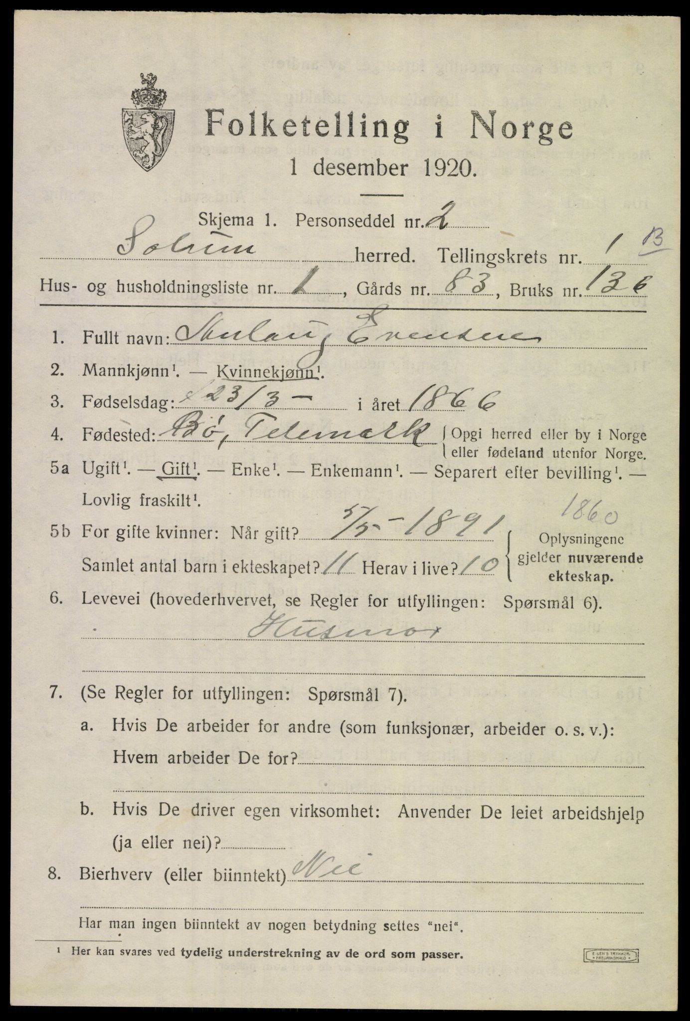 SAKO, 1920 census for Solum, 1920, p. 4046