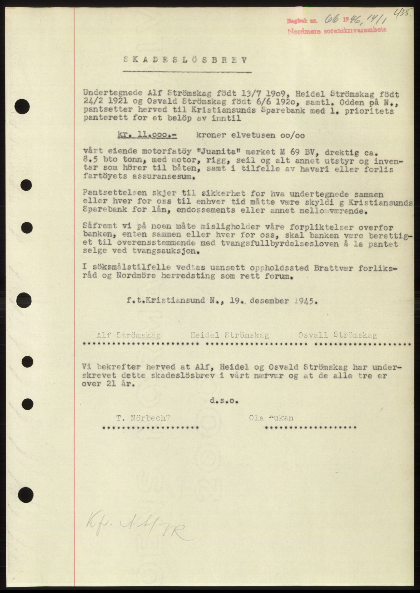 Nordmøre sorenskriveri, AV/SAT-A-4132/1/2/2Ca: Mortgage book no. B93b, 1946-1946, Diary no: : 66/1946