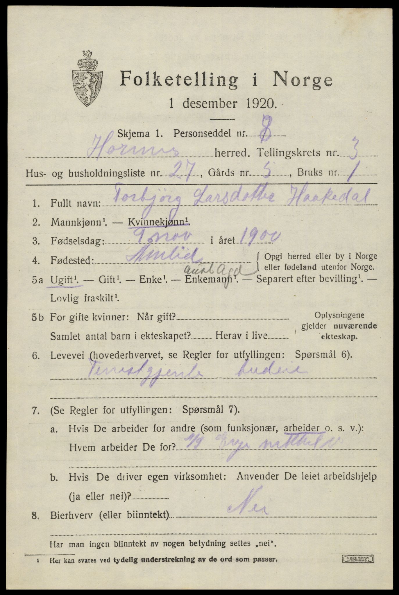 SAK, 1920 census for Hornnes, 1920, p. 1135