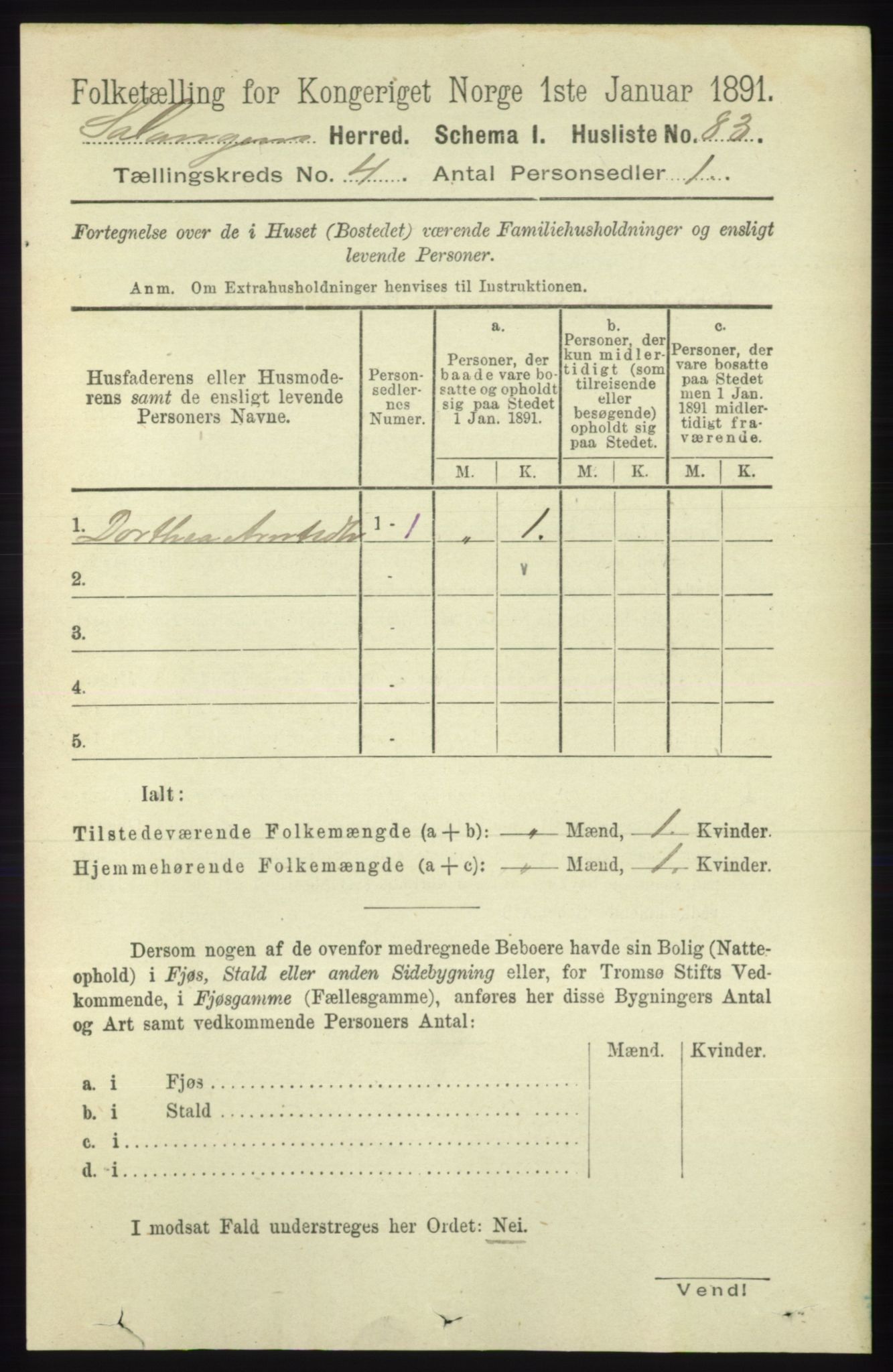 RA, 1891 census for 1921 Salangen, 1891, p. 1820