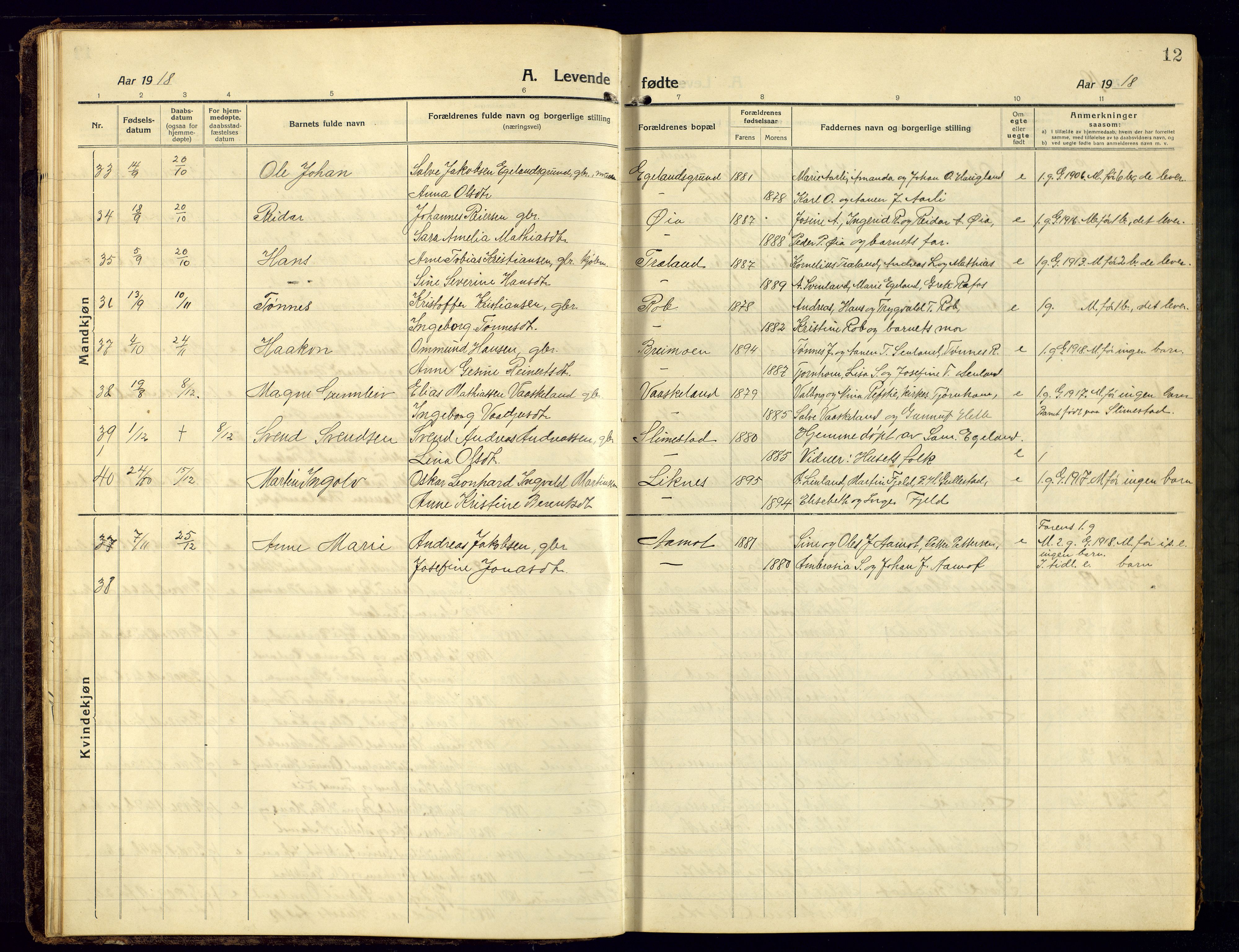 Kvinesdal sokneprestkontor, SAK/1111-0026/F/Fb/Fbb/L0004: Parish register (copy) no. B 4, 1917-1938, p. 12
