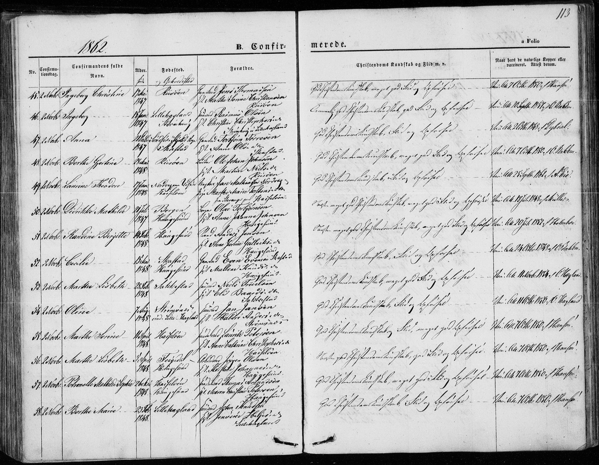 Torvastad sokneprestkontor, AV/SAST-A -101857/H/Ha/Haa/L0011: Parish register (official) no. A 11, 1857-1866, p. 113