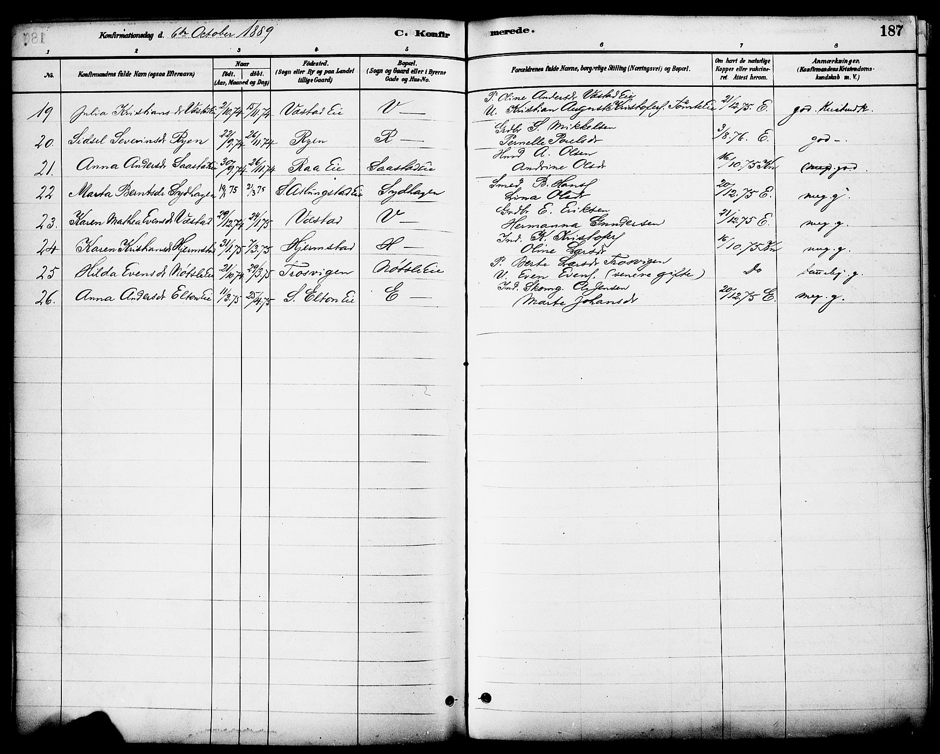 Stange prestekontor, AV/SAH-PREST-002/K/L0017: Parish register (official) no. 17, 1880-1893, p. 187