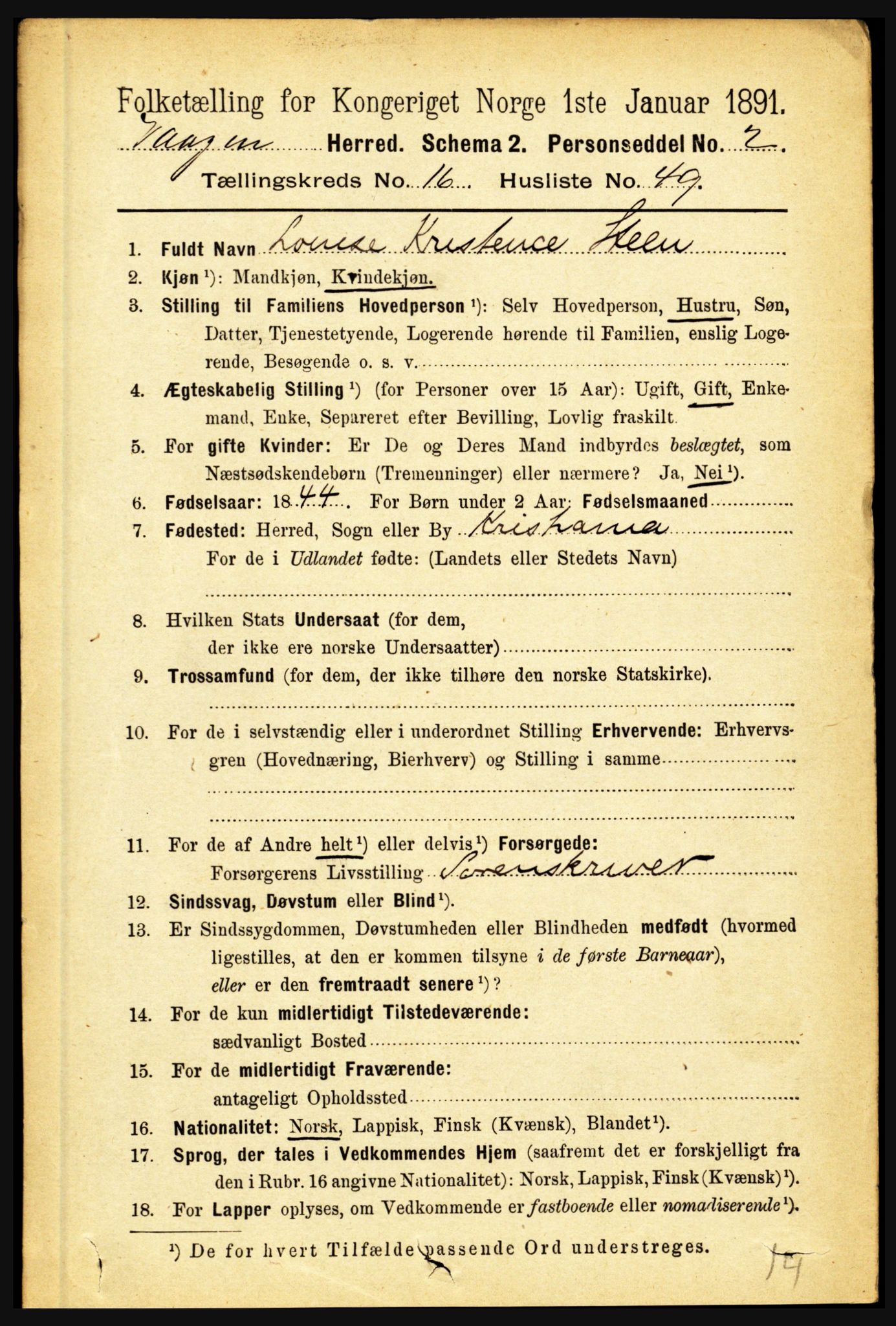 RA, 1891 census for 1865 Vågan, 1891, p. 4880