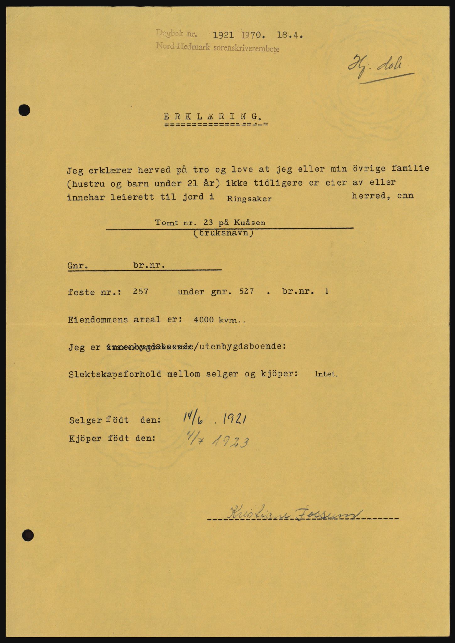 Nord-Hedmark sorenskriveri, SAH/TING-012/H/Hc/L0033: Mortgage book no. 33, 1970-1970, Diary no: : 1921/1970
