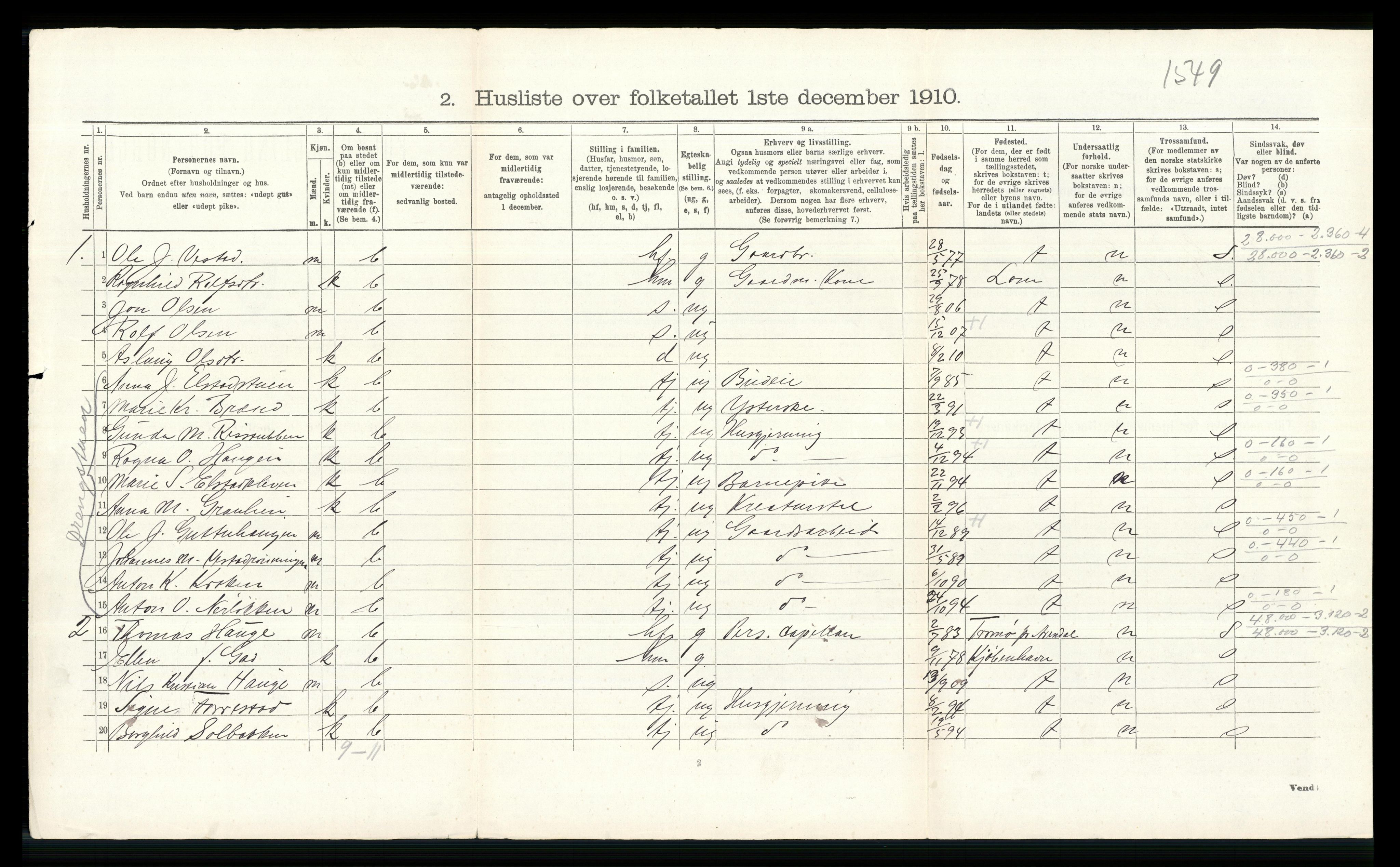 RA, 1910 census for Ringebu, 1910, p. 627