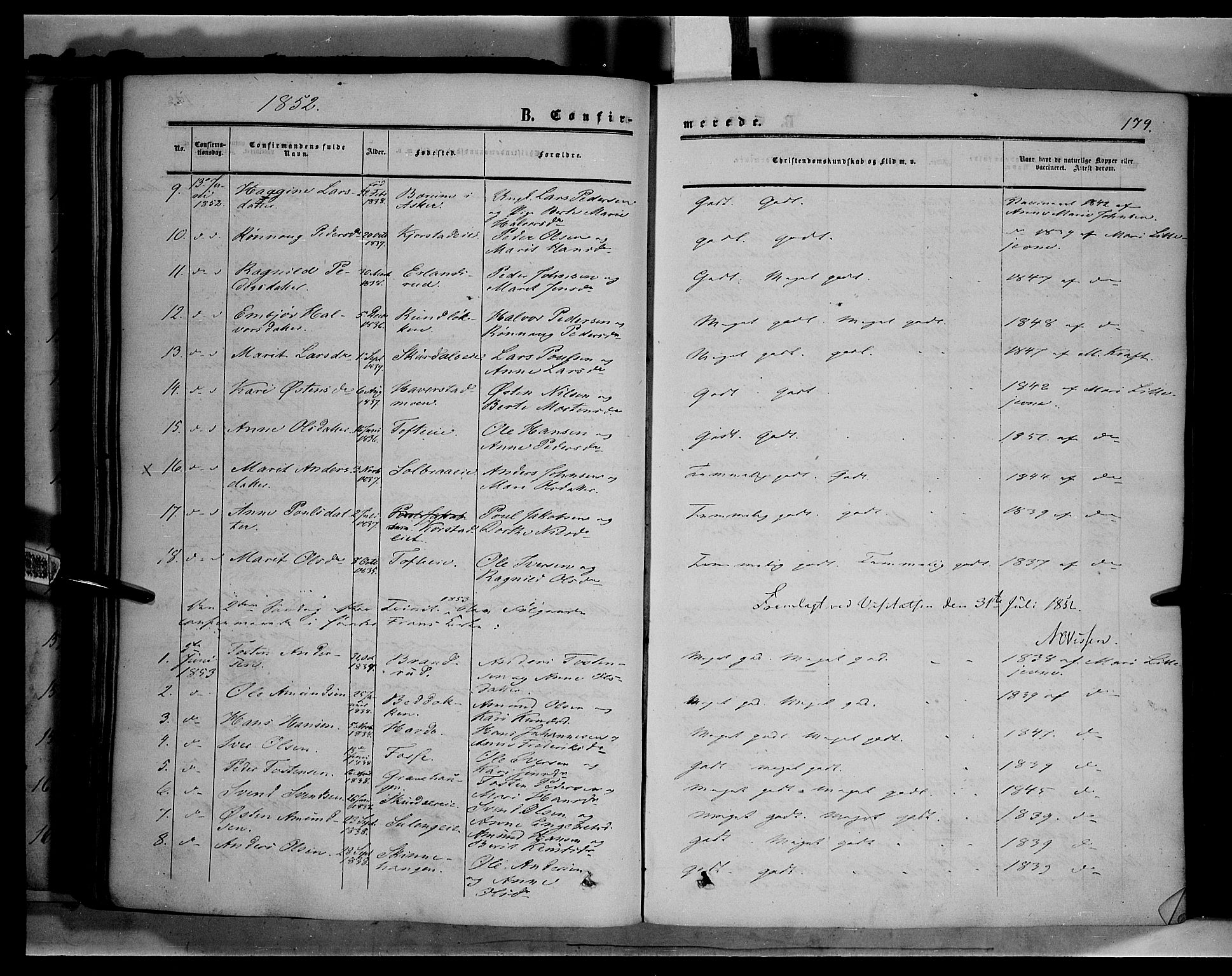 Sør-Fron prestekontor, SAH/PREST-010/H/Ha/Haa/L0001: Parish register (official) no. 1, 1849-1863, p. 179