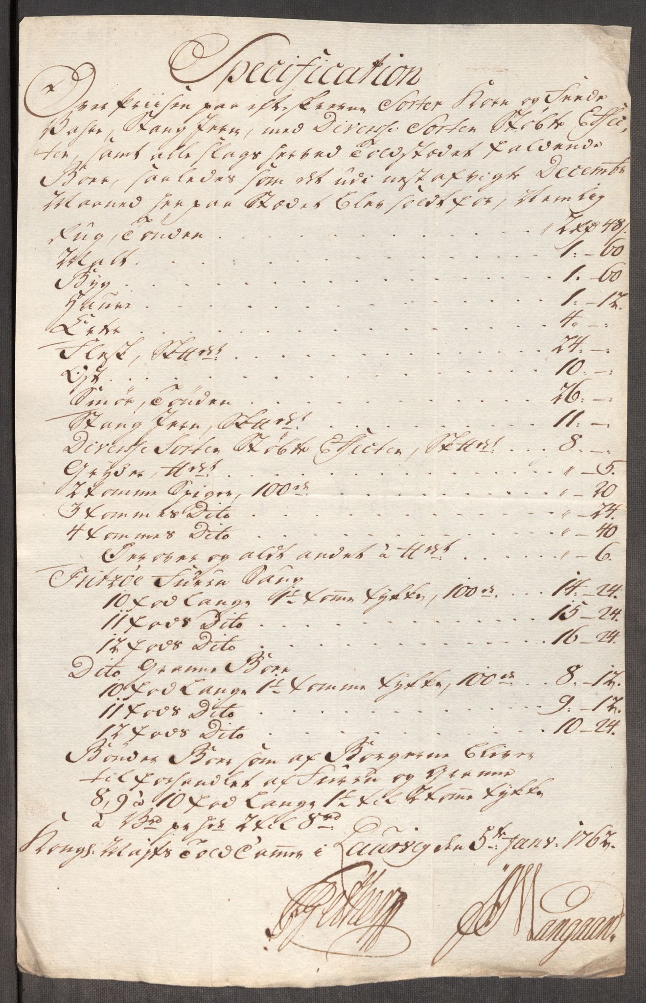 Rentekammeret inntil 1814, Realistisk ordnet avdeling, RA/EA-4070/Oe/L0007: [Ø1]: Priskuranter, 1761-1763, p. 187
