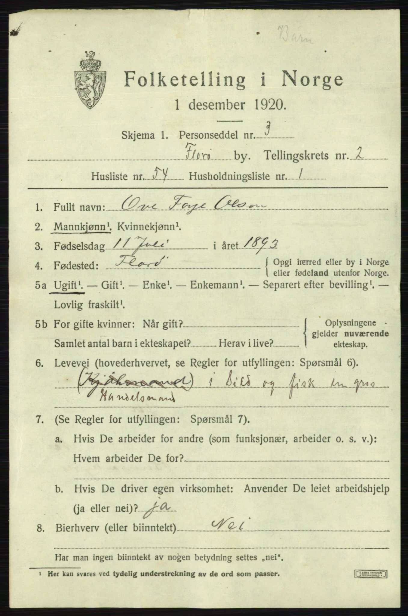 SAB, 1920 census for Florø, 1920, p. 3054