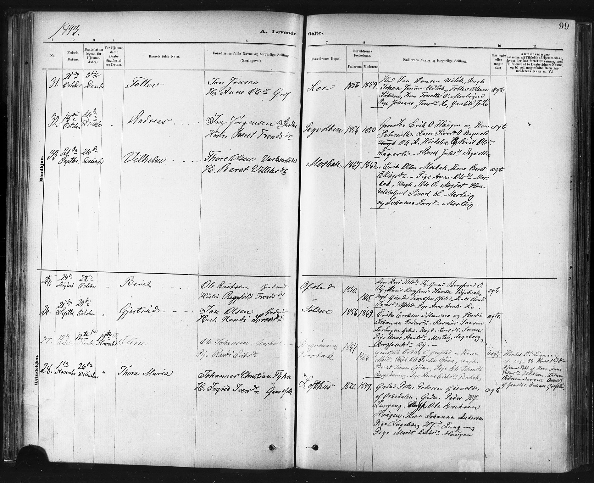 Ministerialprotokoller, klokkerbøker og fødselsregistre - Sør-Trøndelag, SAT/A-1456/672/L0857: Parish register (official) no. 672A09, 1882-1893, p. 99