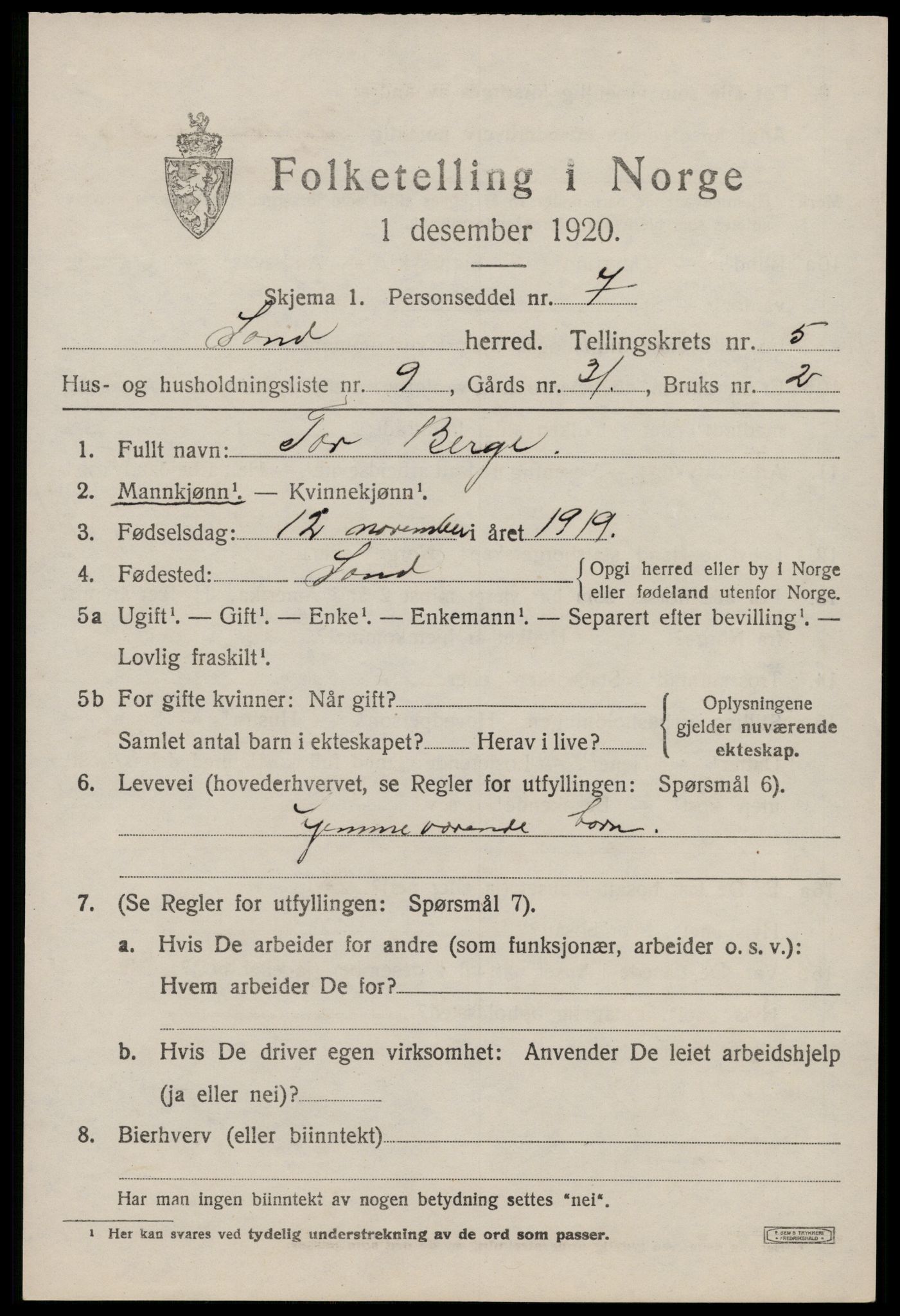 SAST, 1920 census for Sand, 1920, p. 1997