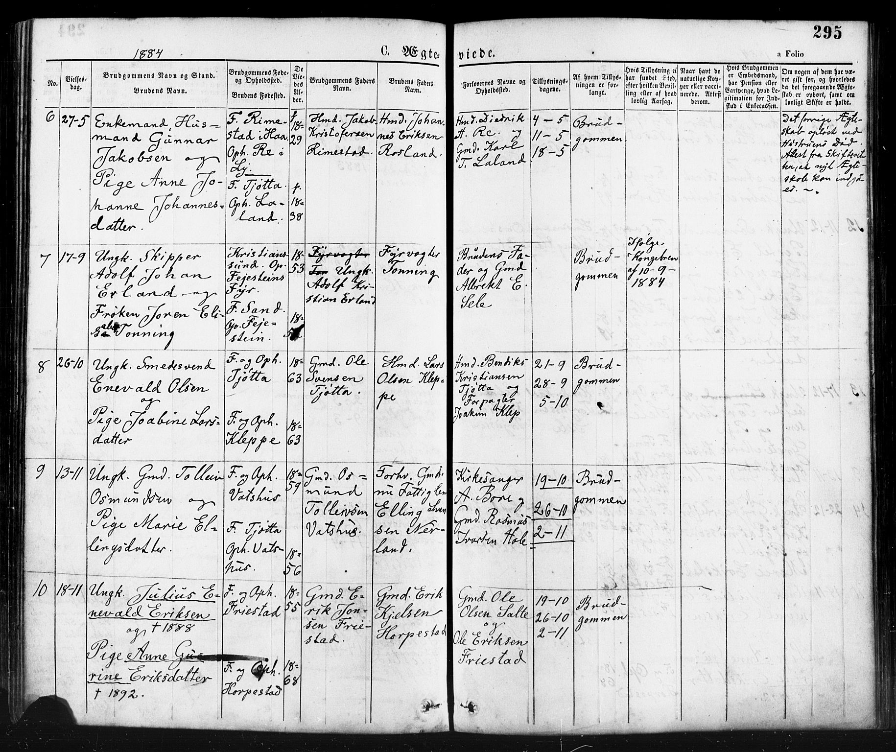 Klepp sokneprestkontor, AV/SAST-A-101803/001/3/30BA/L0006: Parish register (official) no. A 6, 1871-1885, p. 295