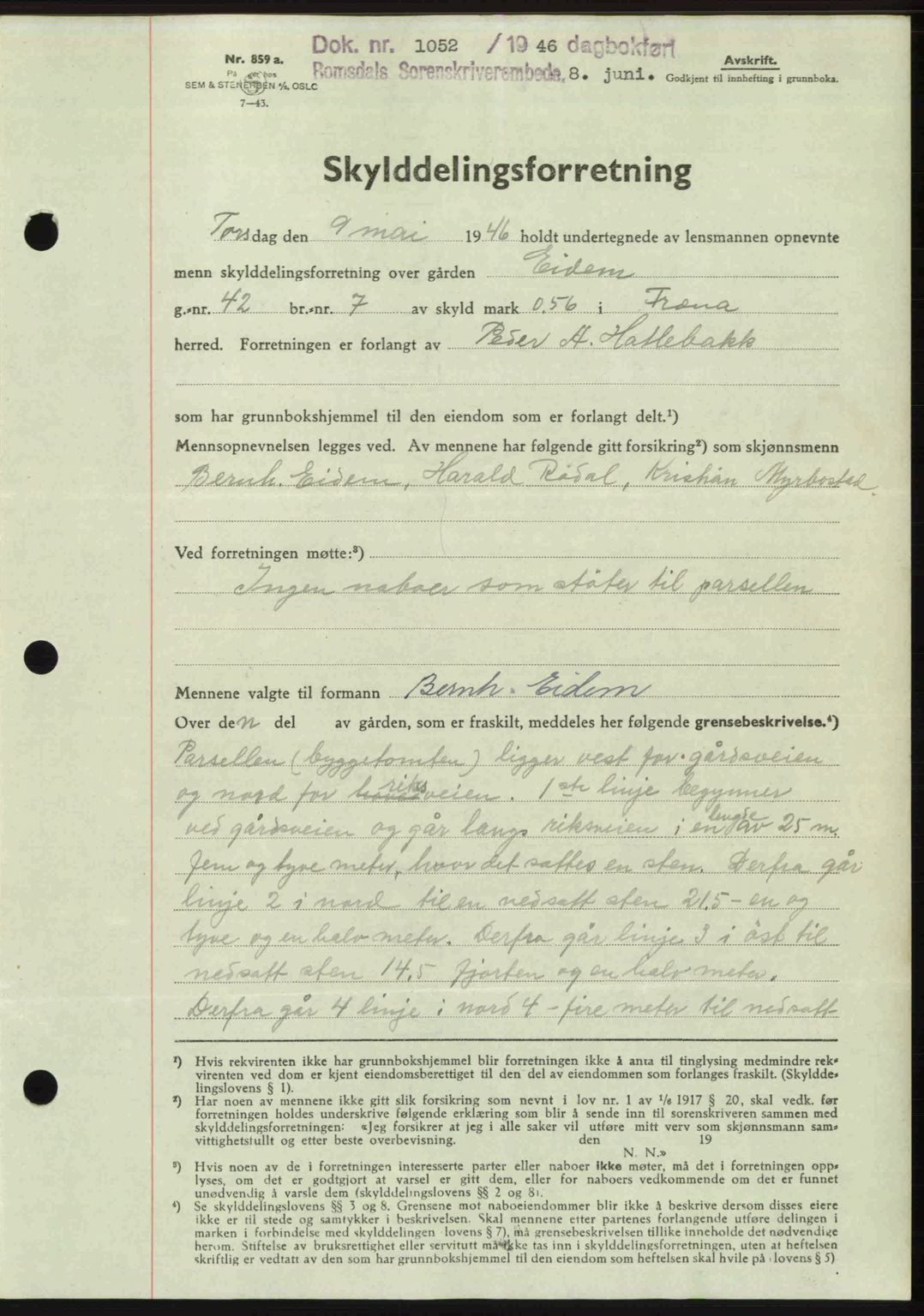 Romsdal sorenskriveri, AV/SAT-A-4149/1/2/2C: Mortgage book no. A20, 1946-1946, Diary no: : 1052/1946