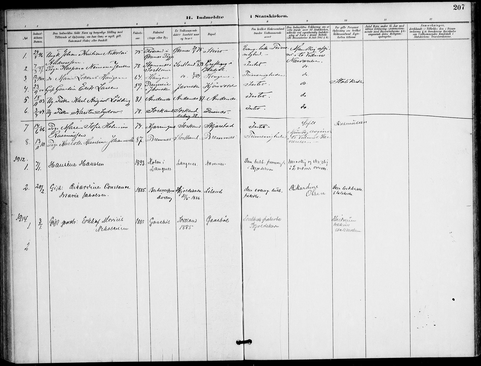 Ministerialprotokoller, klokkerbøker og fødselsregistre - Nordland, AV/SAT-A-1459/895/L1372: Parish register (official) no. 895A07, 1894-1914, p. 207