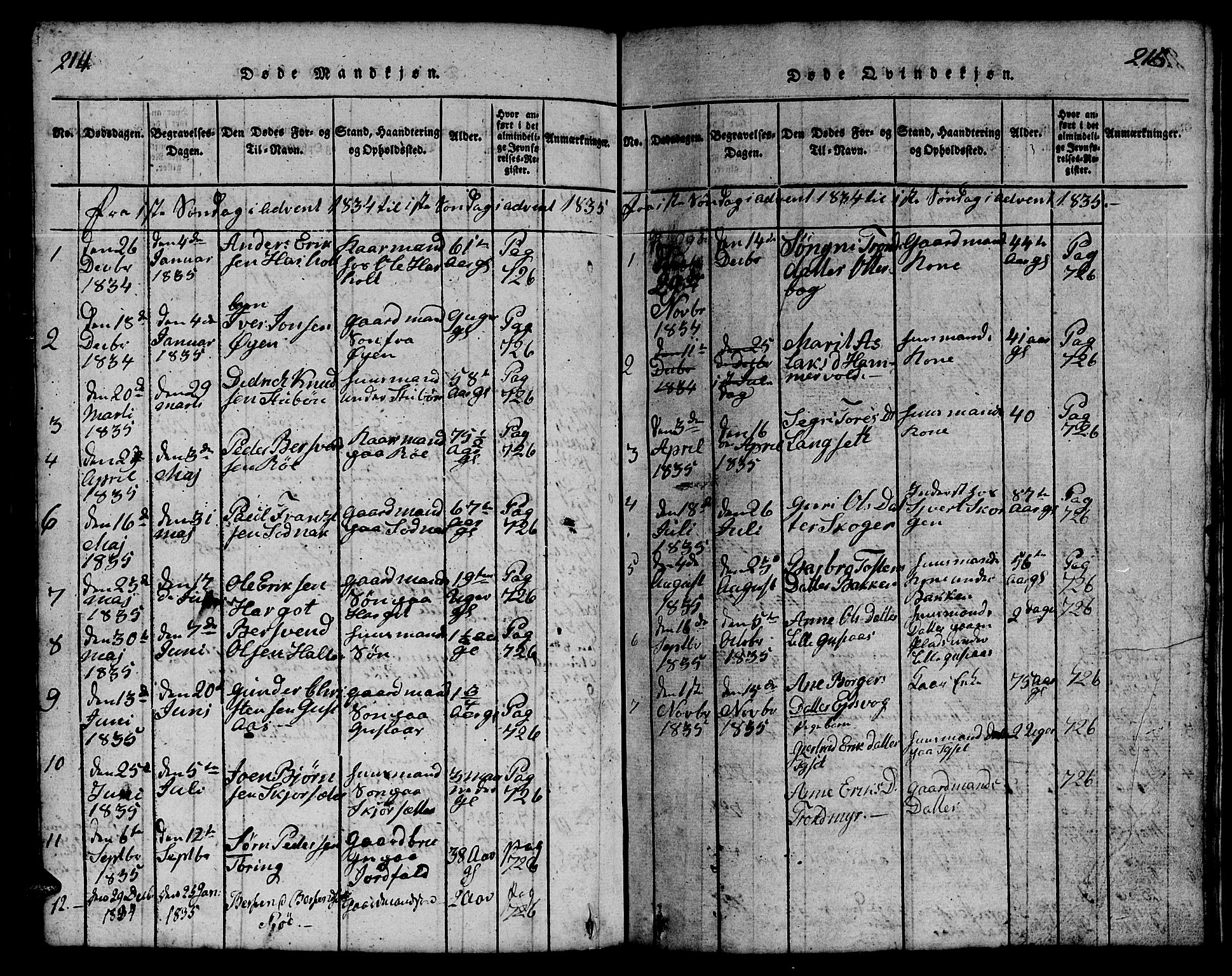 Ministerialprotokoller, klokkerbøker og fødselsregistre - Møre og Romsdal, SAT/A-1454/551/L0629: Parish register (copy) no. 551C01, 1818-1839, p. 214-215