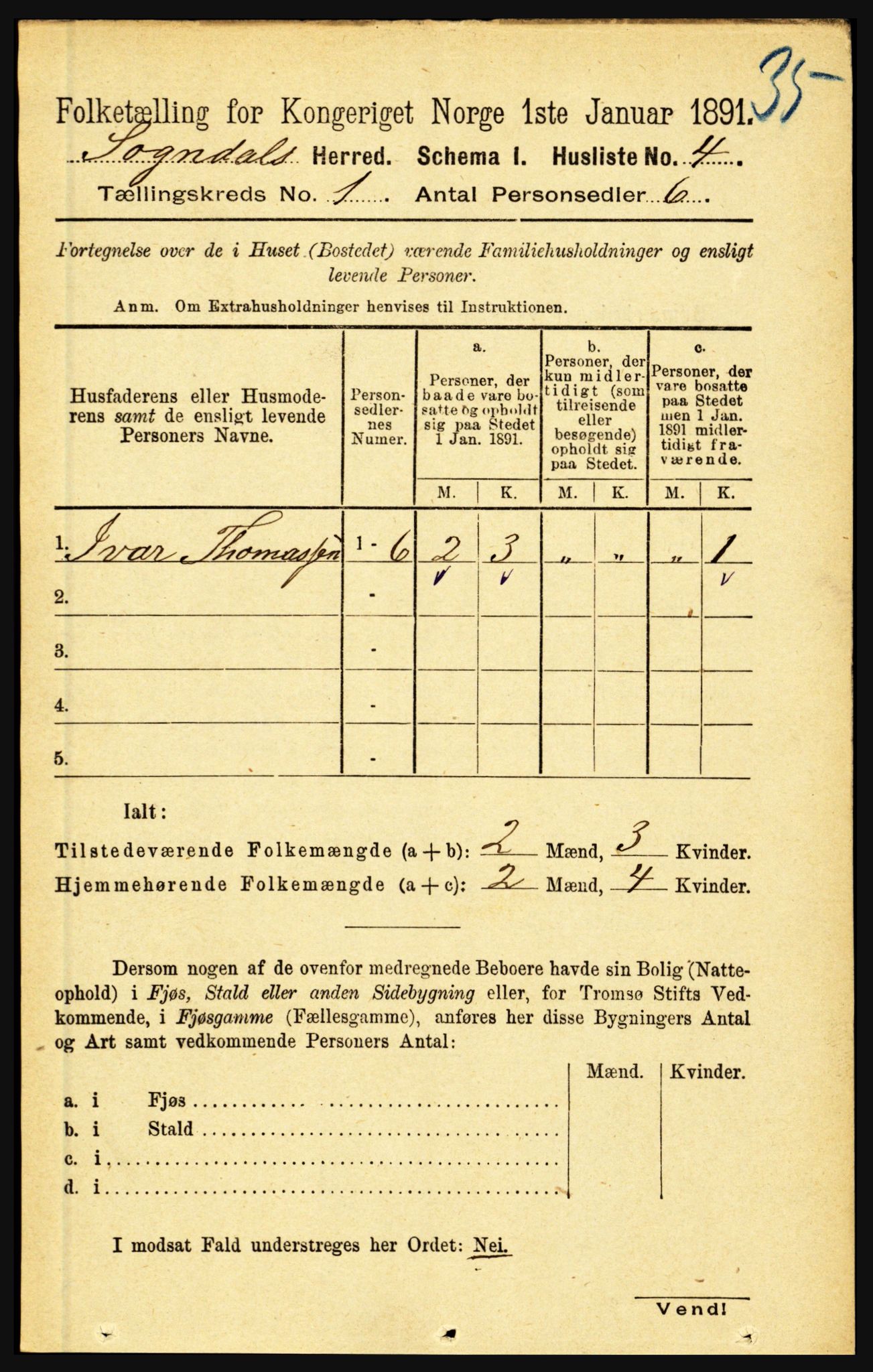 RA, 1891 census for 1420 Sogndal, 1891, p. 33