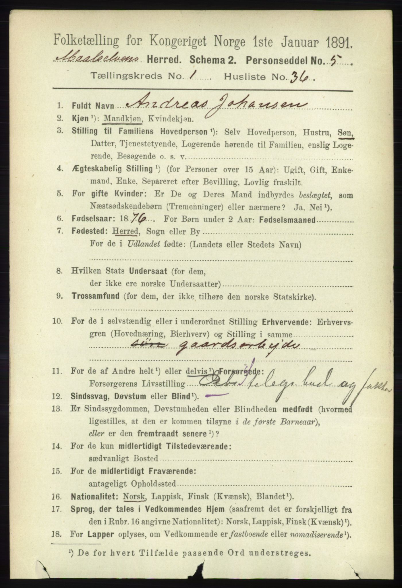 RA, 1891 census for 1924 Målselv, 1891, p. 258