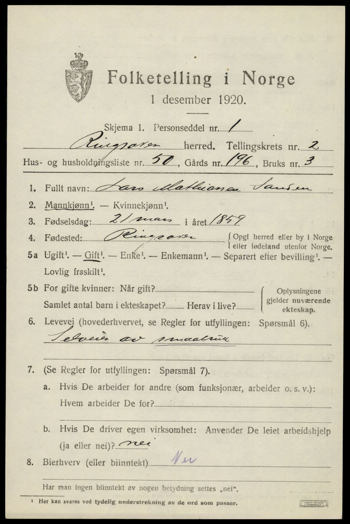 SAH, 1920 census for Ringsaker, 1920, p. 6950