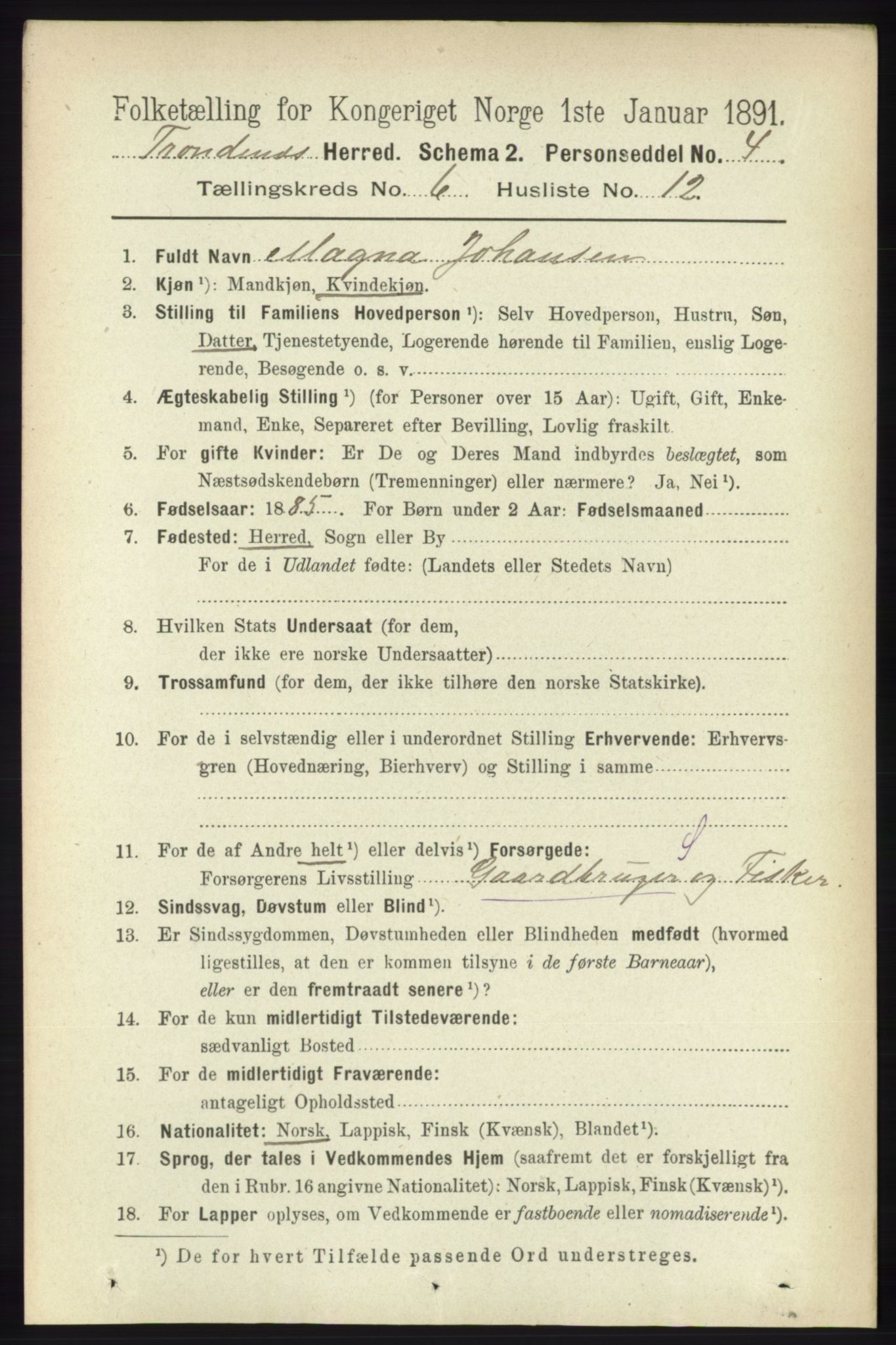 RA, 1891 census for 1914 Trondenes, 1891, p. 3880