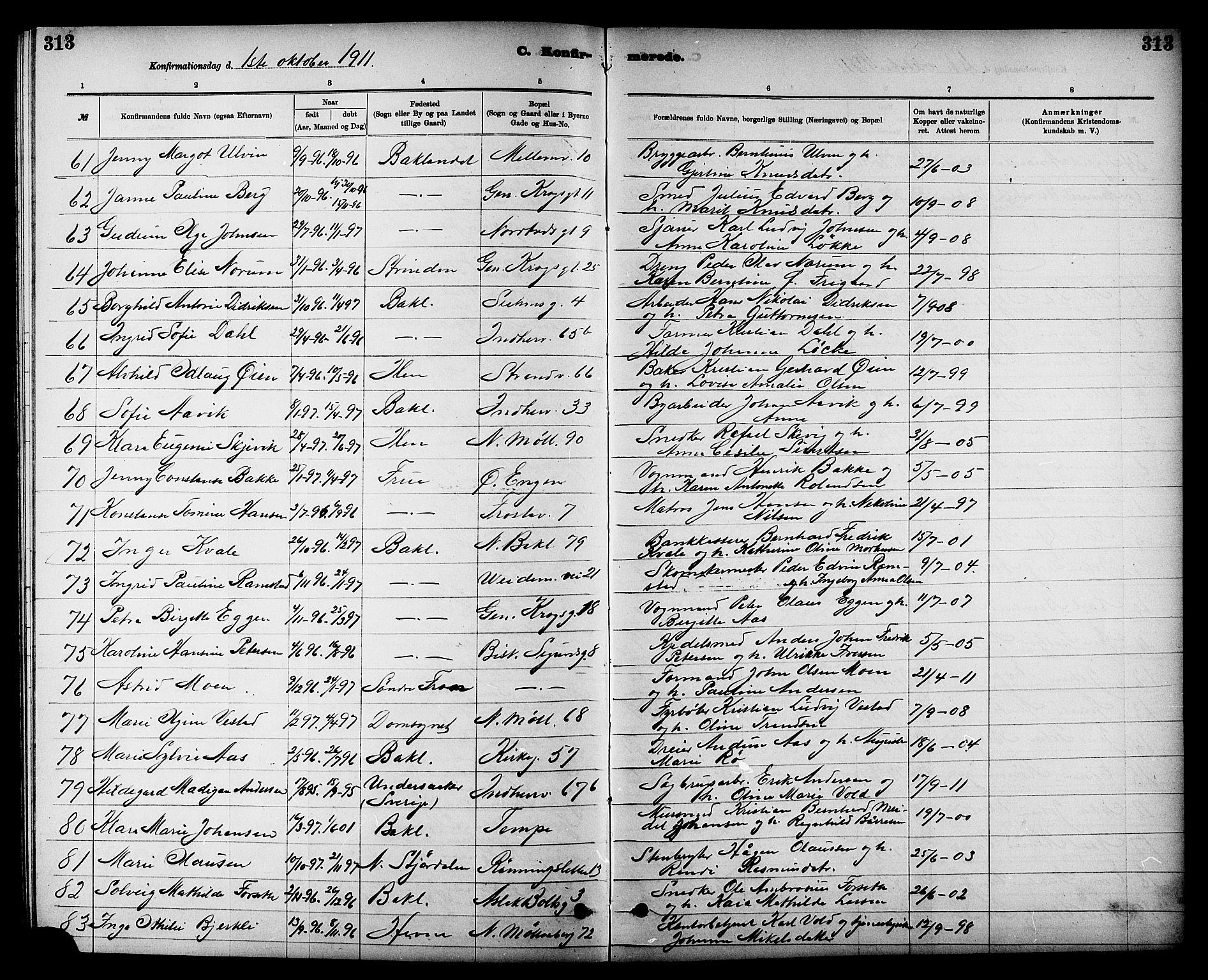 Ministerialprotokoller, klokkerbøker og fødselsregistre - Sør-Trøndelag, SAT/A-1456/605/L0254: Parish register (copy) no. 605C01, 1908-1916, p. 313