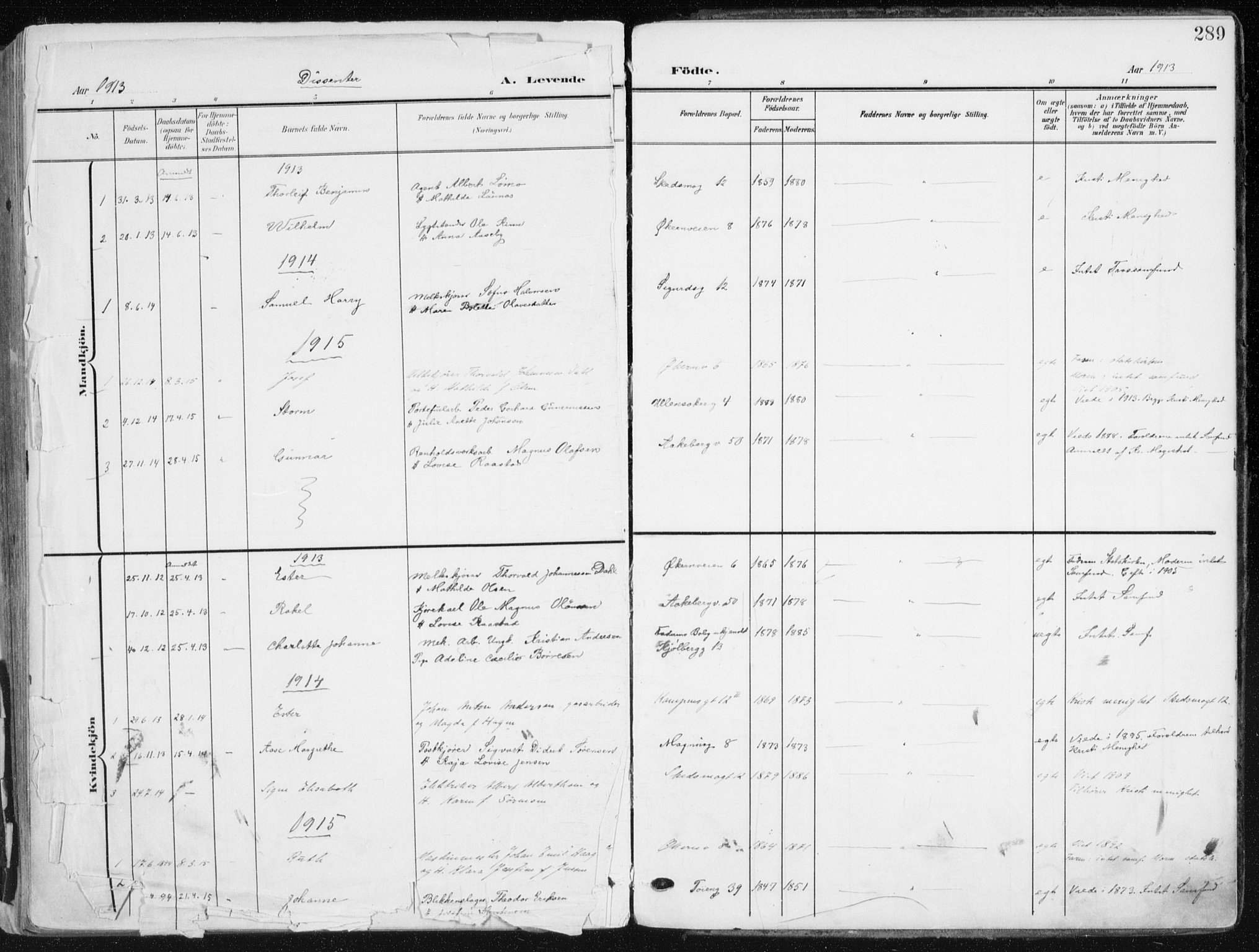 Kampen prestekontor Kirkebøker, SAO/A-10853/F/Fa/L0010: Parish register (official) no. I 10, 1905-1917, p. 289