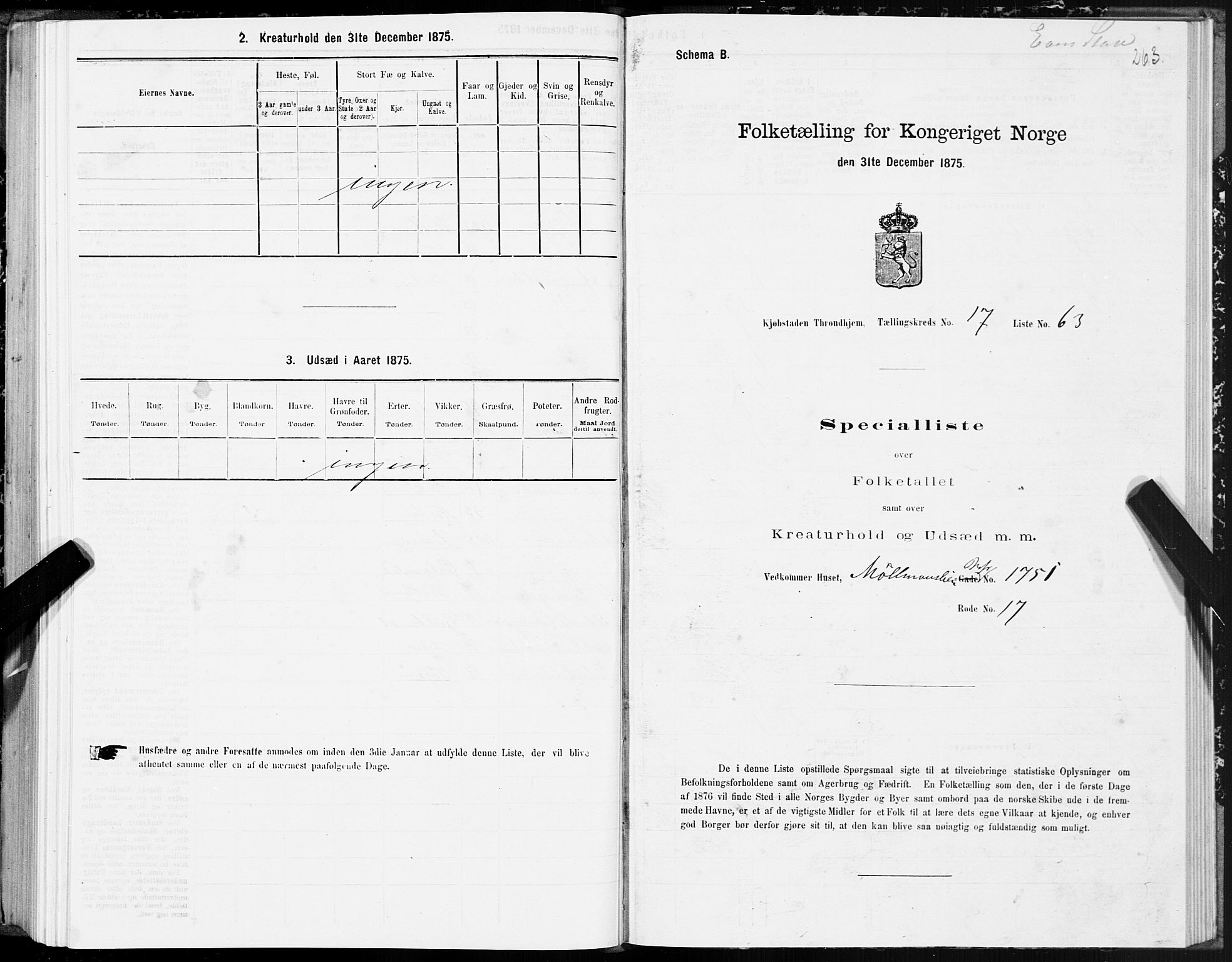 SAT, 1875 census for 1601 Trondheim, 1875, p. 9263