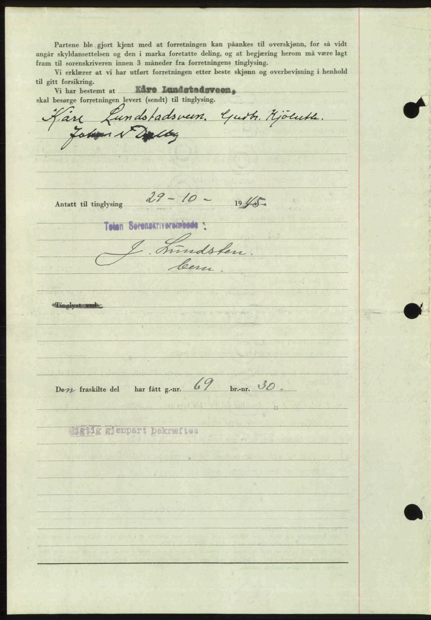 Toten tingrett, SAH/TING-006/H/Hb/Hbc/L0013: Mortgage book no. Hbc-13, 1945-1945, Diary no: : 1454/1945