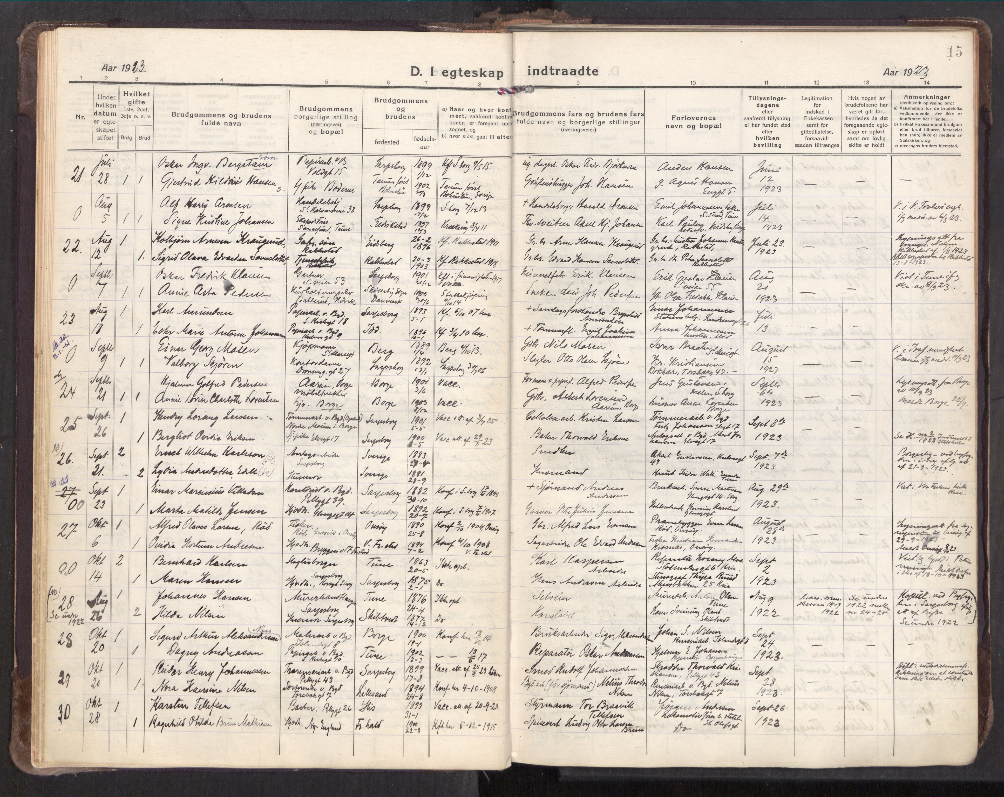 Sarpsborg prestekontor Kirkebøker, AV/SAO-A-2006/F/Fa/L0009: Parish register (official) no. 9, 1919-1931, p. 15