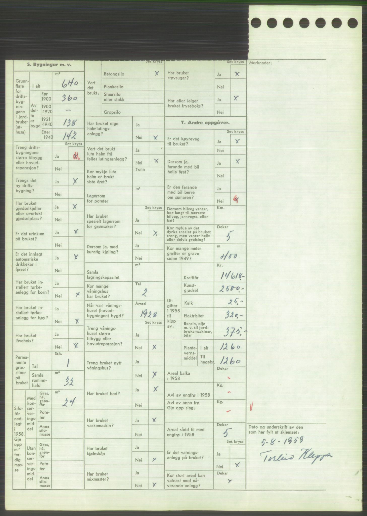 Statistisk sentralbyrå, Næringsøkonomiske emner, Jordbruk, skogbruk, jakt, fiske og fangst, AV/RA-S-2234/G/Gd/L0373: Rogaland: 1130 Strand (kl. 1-2), 1131 Årdal og 1132 Fister, 1959, p. 1376