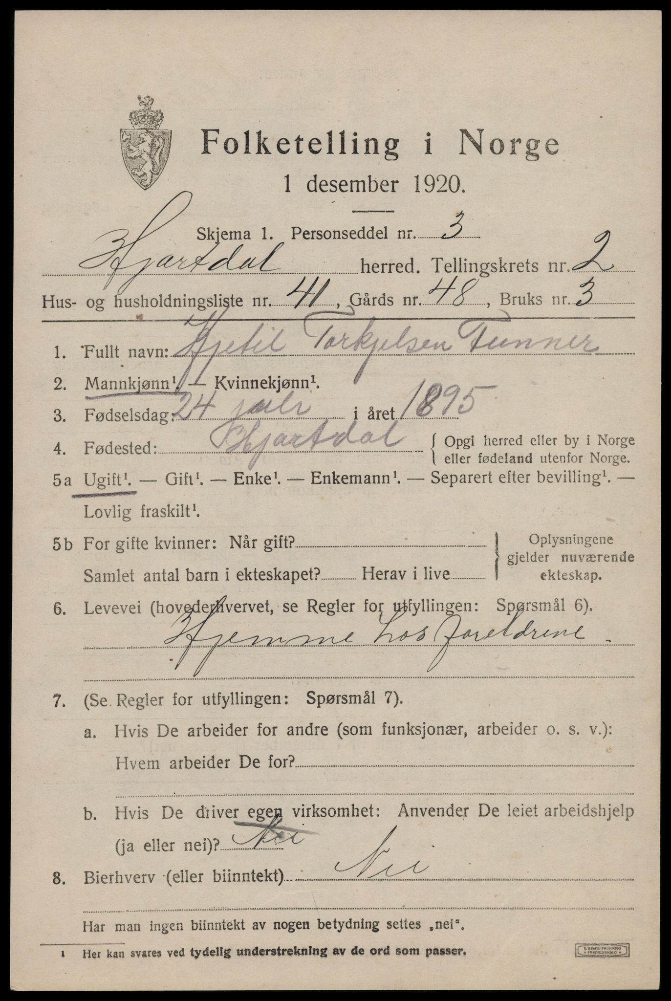 SAKO, 1920 census for Hjartdal, 1920, p. 2256