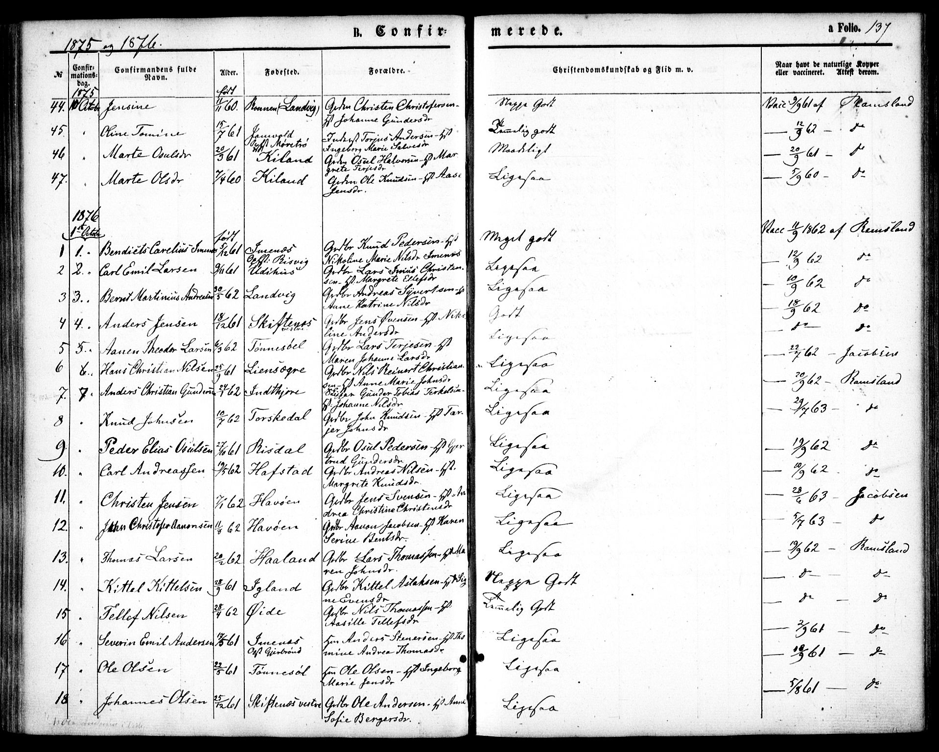 Hommedal sokneprestkontor, AV/SAK-1111-0023/F/Fa/Fab/L0005: Parish register (official) no. A 5, 1861-1877, p. 137