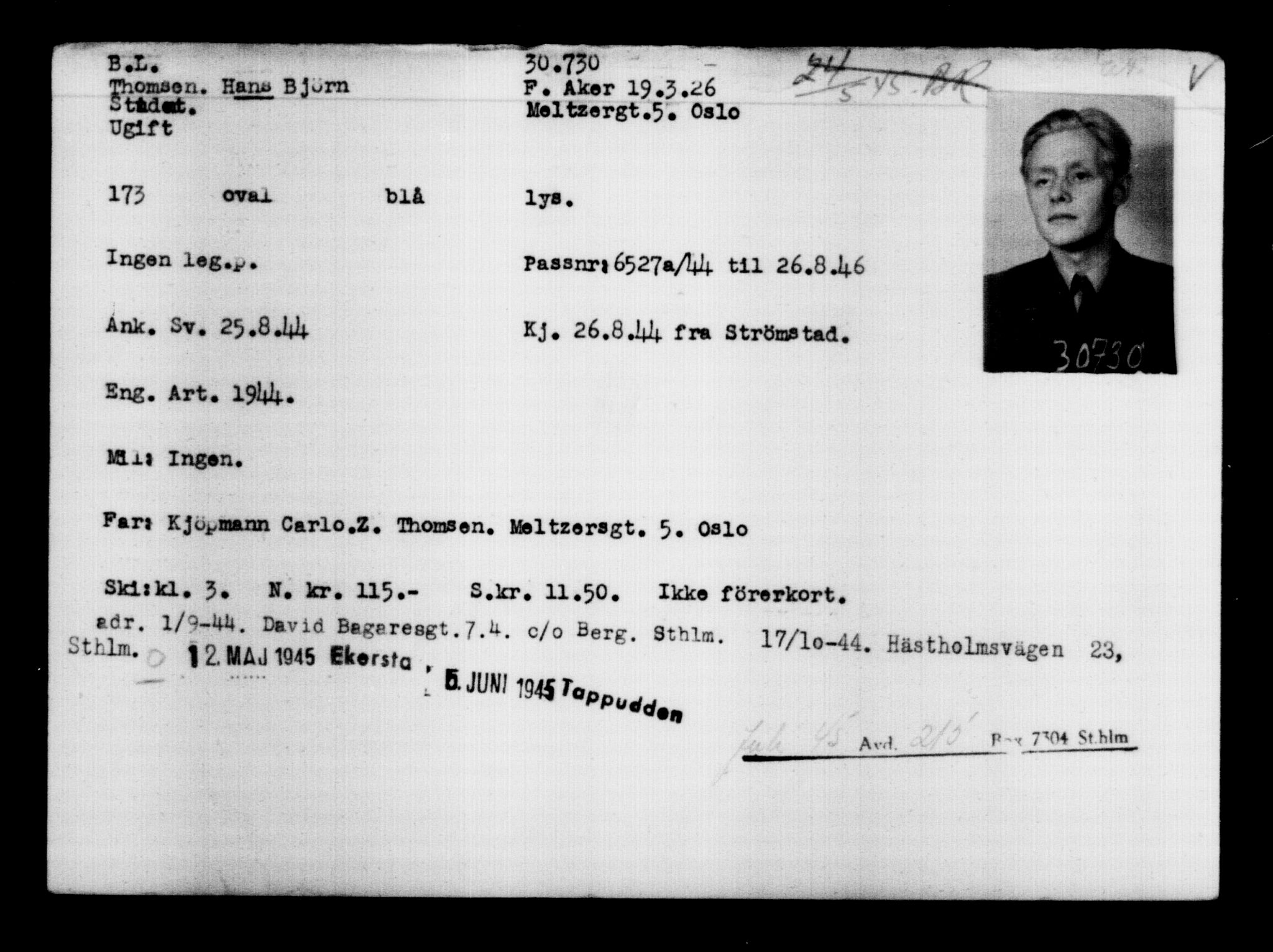 Utenriksstasjonene, Legasjonen i Stockholm, Flyktningkontoret, AV/RA-S-6753/V/Va/L0012: Kjesäterkartoteket, flyktninger med registreringsnr. 28300-31566, 1940-1945, p. 2645