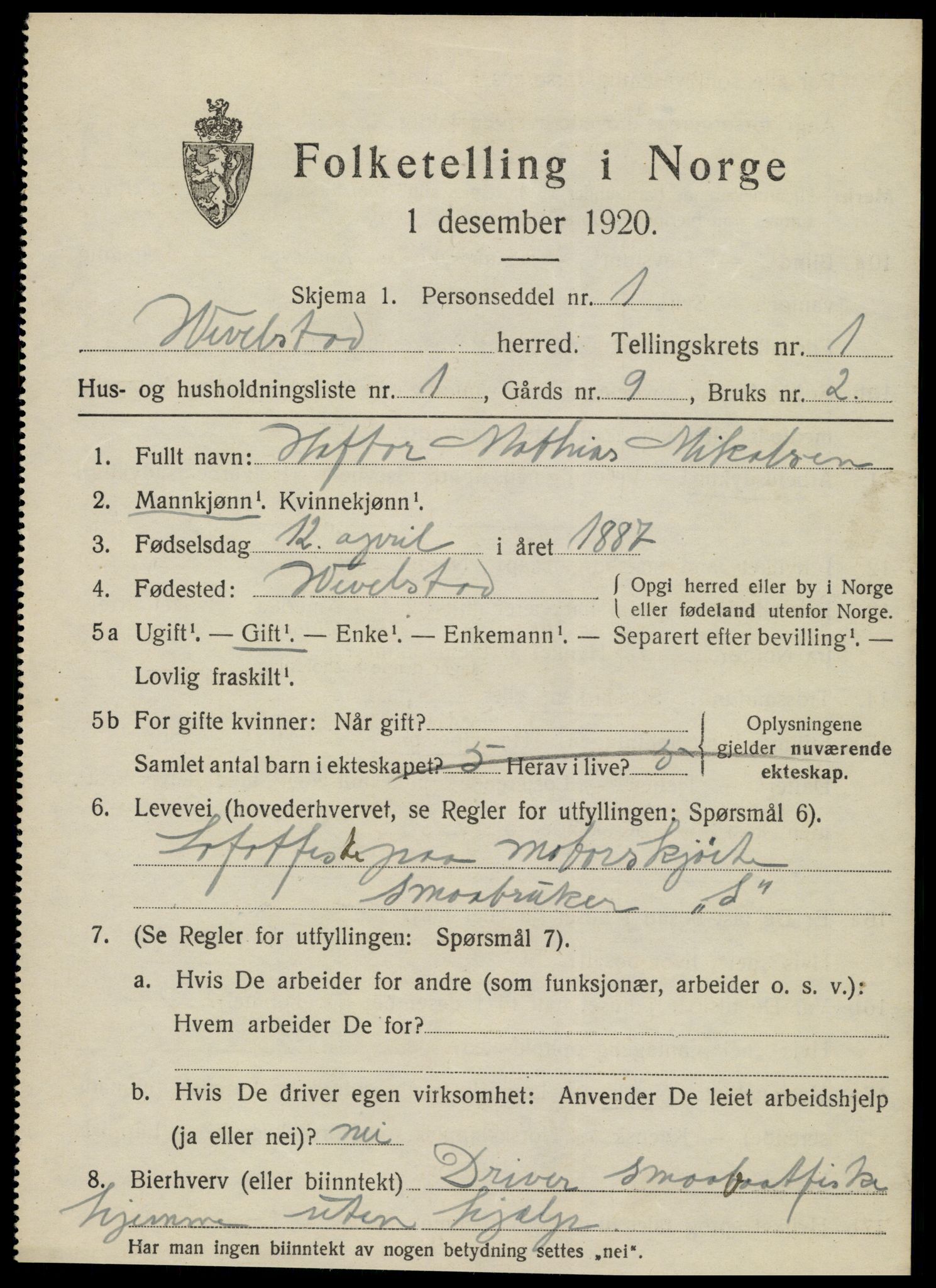 SAT, 1920 census for Vevelstad, 1920, p. 410