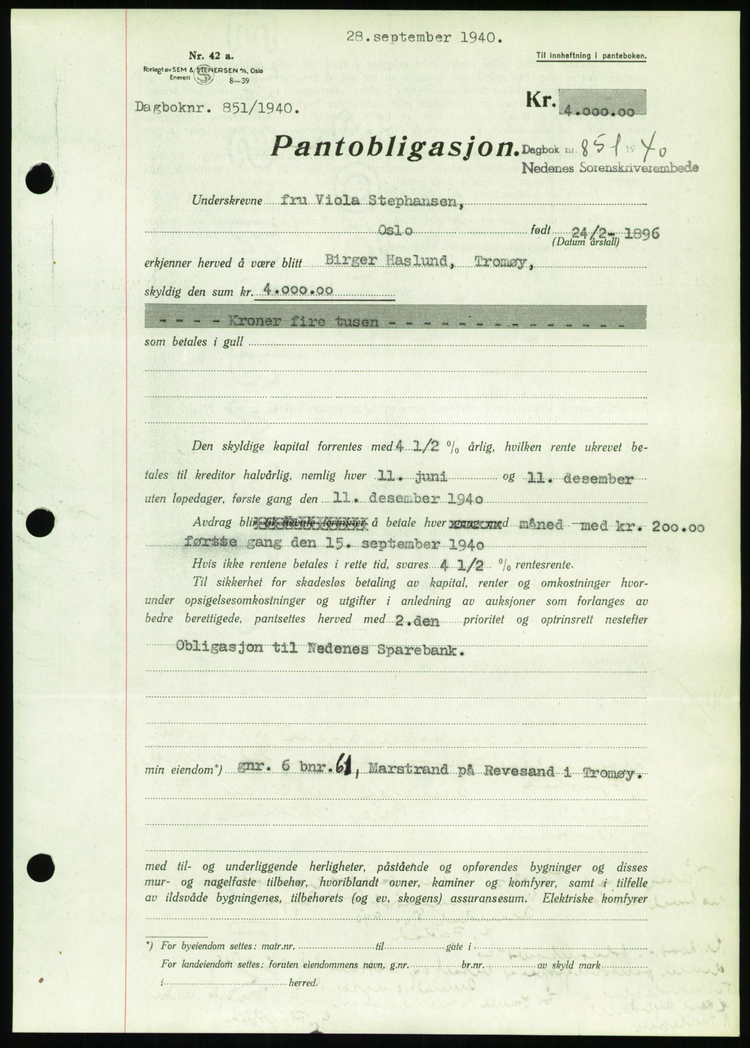 Nedenes sorenskriveri, SAK/1221-0006/G/Gb/Gbb/L0001: Mortgage book no. I, 1939-1942, Diary no: : 851/1940