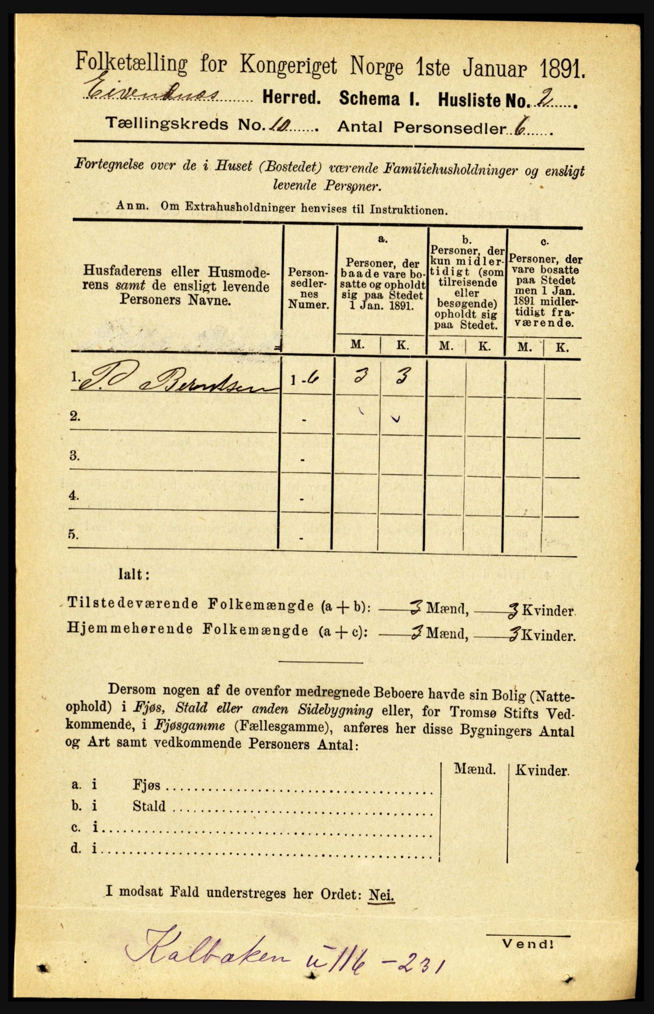 RA, 1891 census for 1853 Evenes, 1891, p. 3090