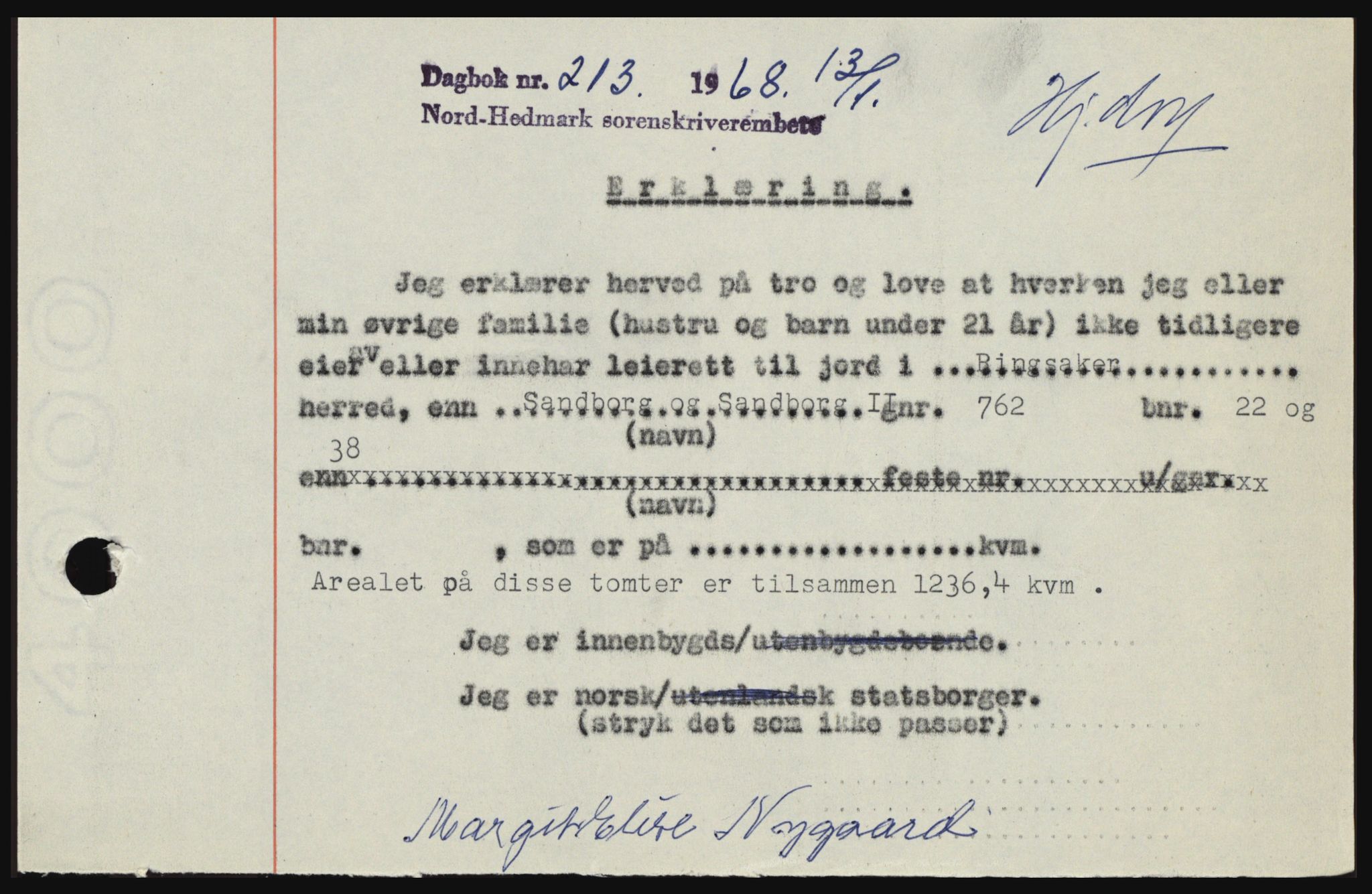 Nord-Hedmark sorenskriveri, SAH/TING-012/H/Hc/L0027: Mortgage book no. 27, 1967-1968, Diary no: : 213/1968