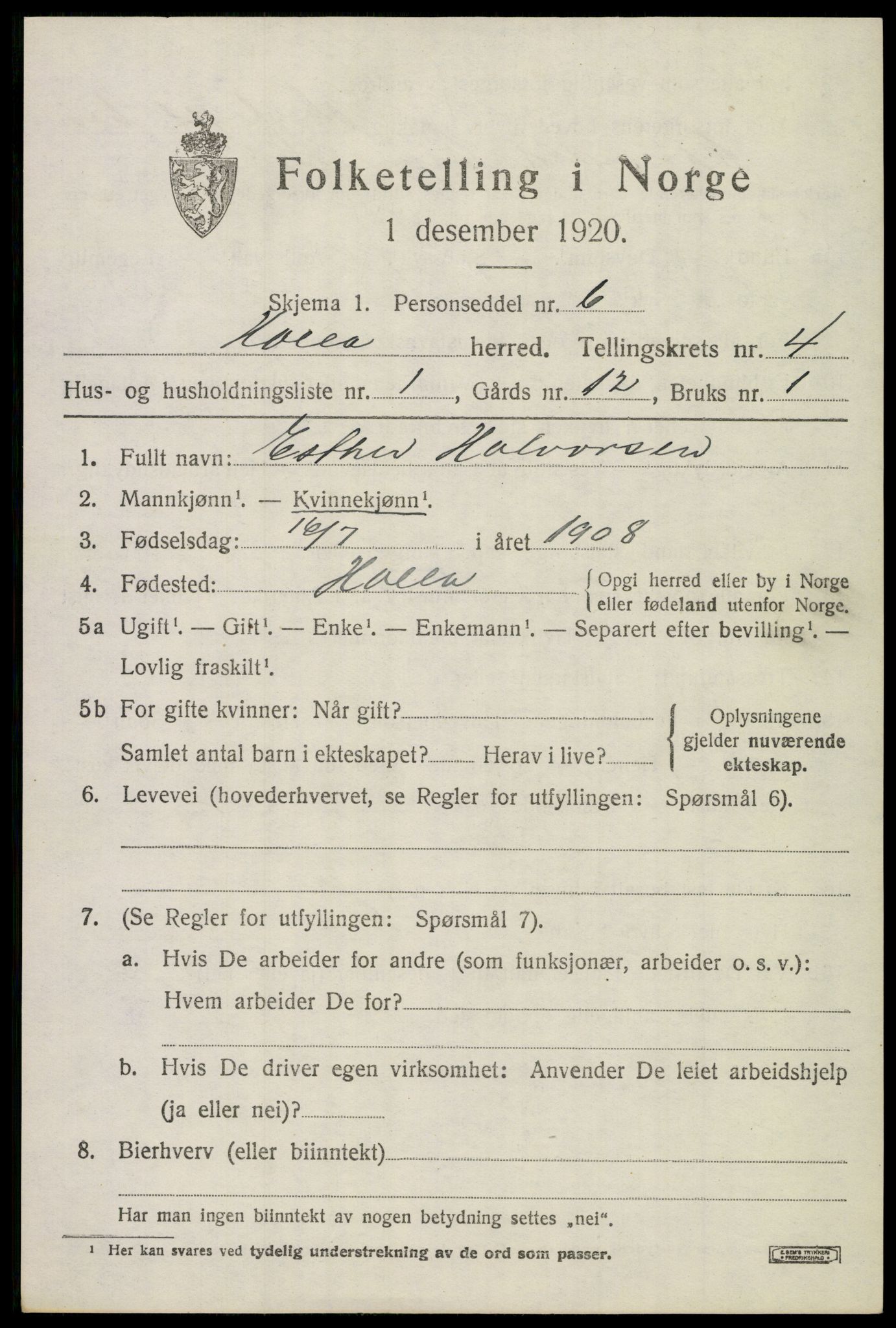 SAKO, 1920 census for Holla, 1920, p. 3619