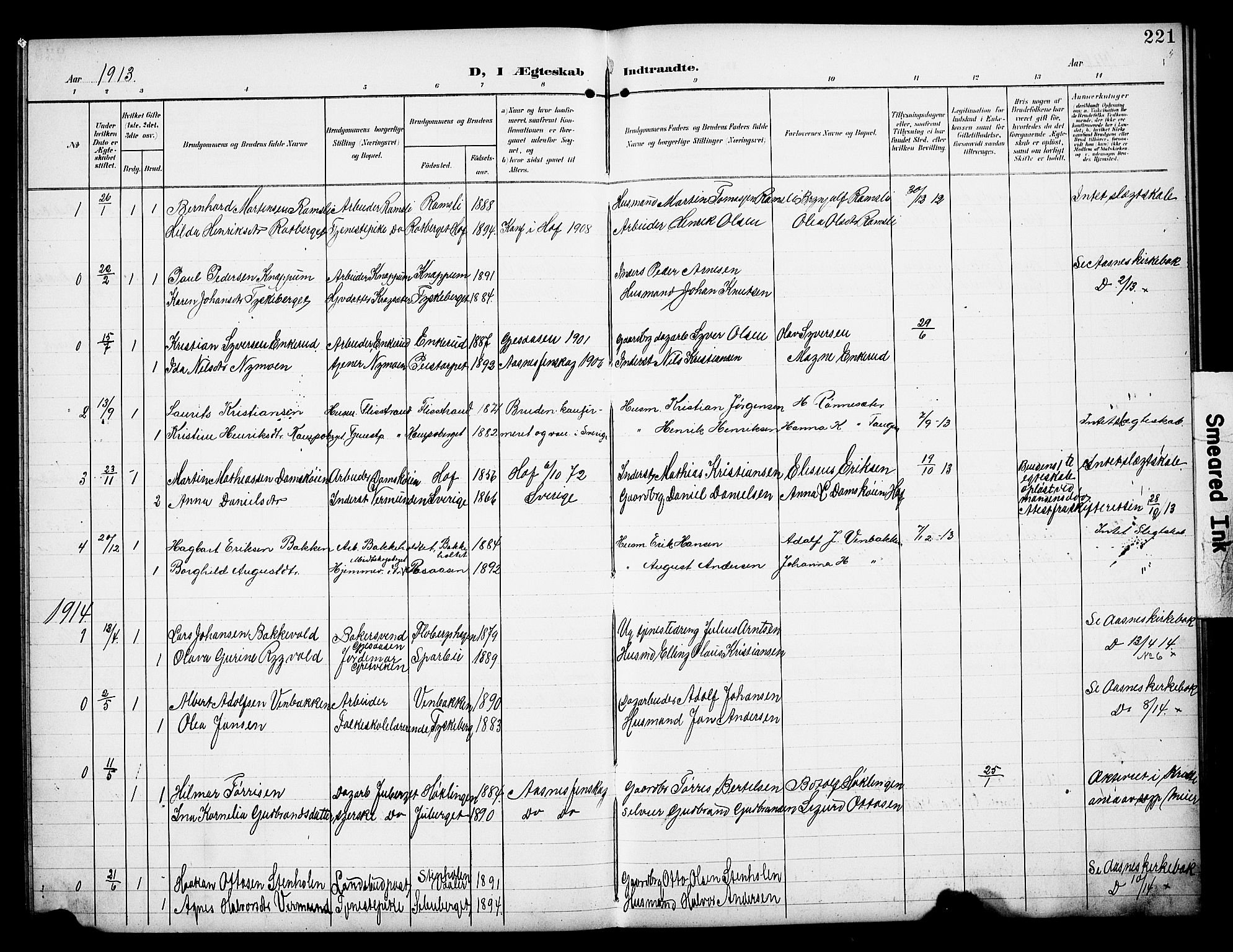 Åsnes prestekontor, SAH/PREST-042/H/Ha/Hab/L0006: Parish register (copy) no. 6, 1903-1929, p. 221